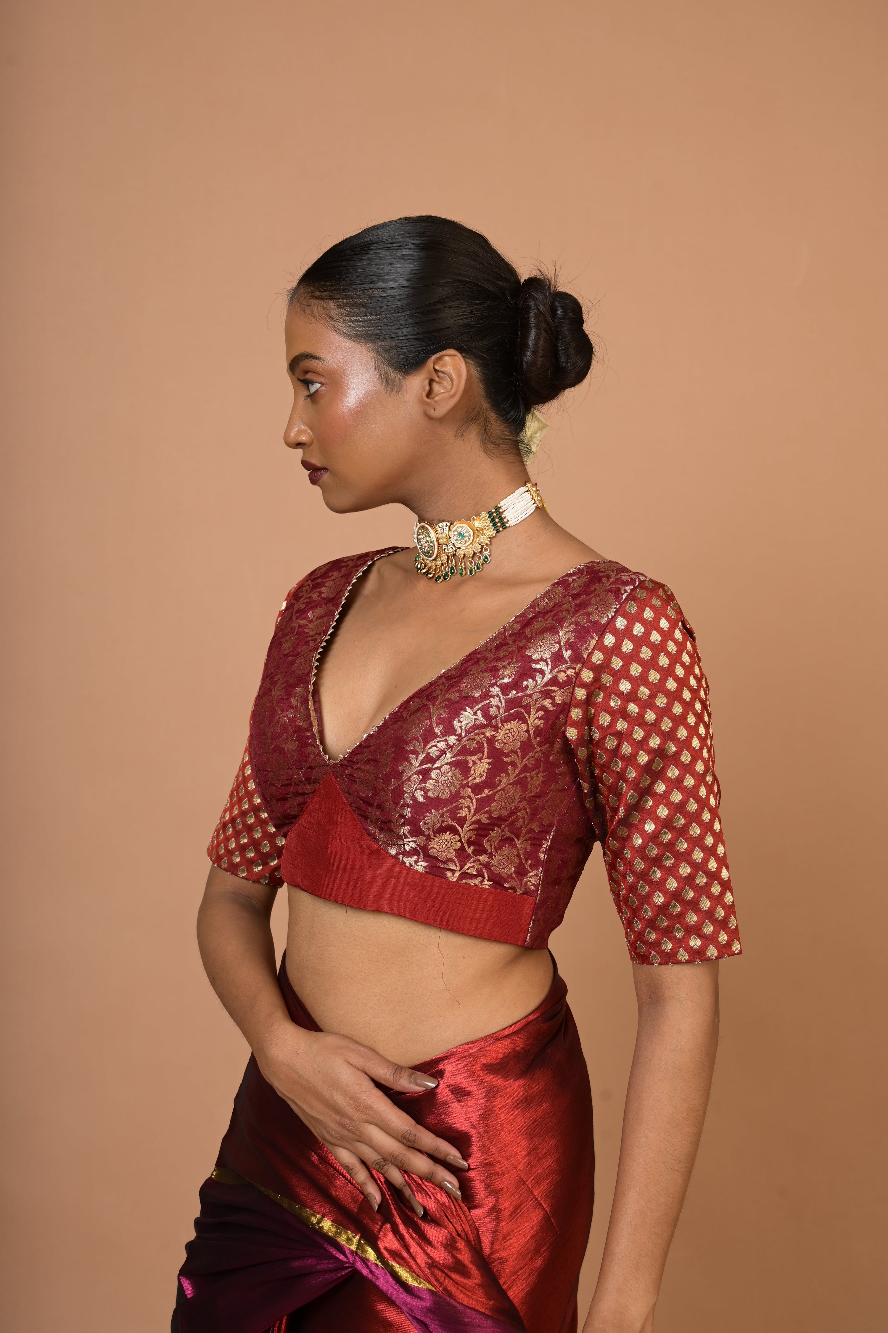 Anuragini I Red and Purple Plunging Neck Brocade Blouse