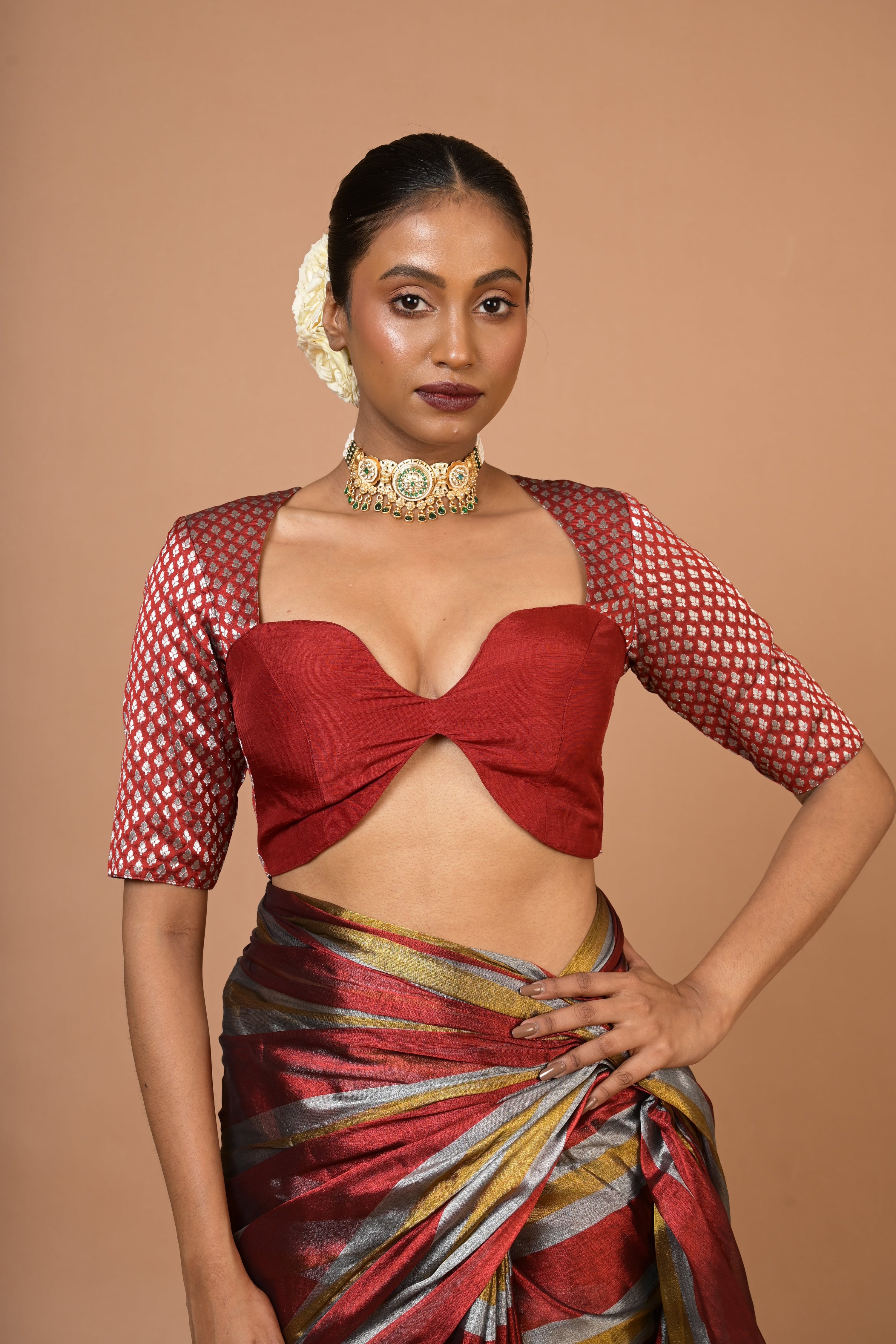 Multicolour Striped Handloom Tissue Saree with Ready to Wear Red Brocade Blouse Combo(Prathamika+Shringarika)
