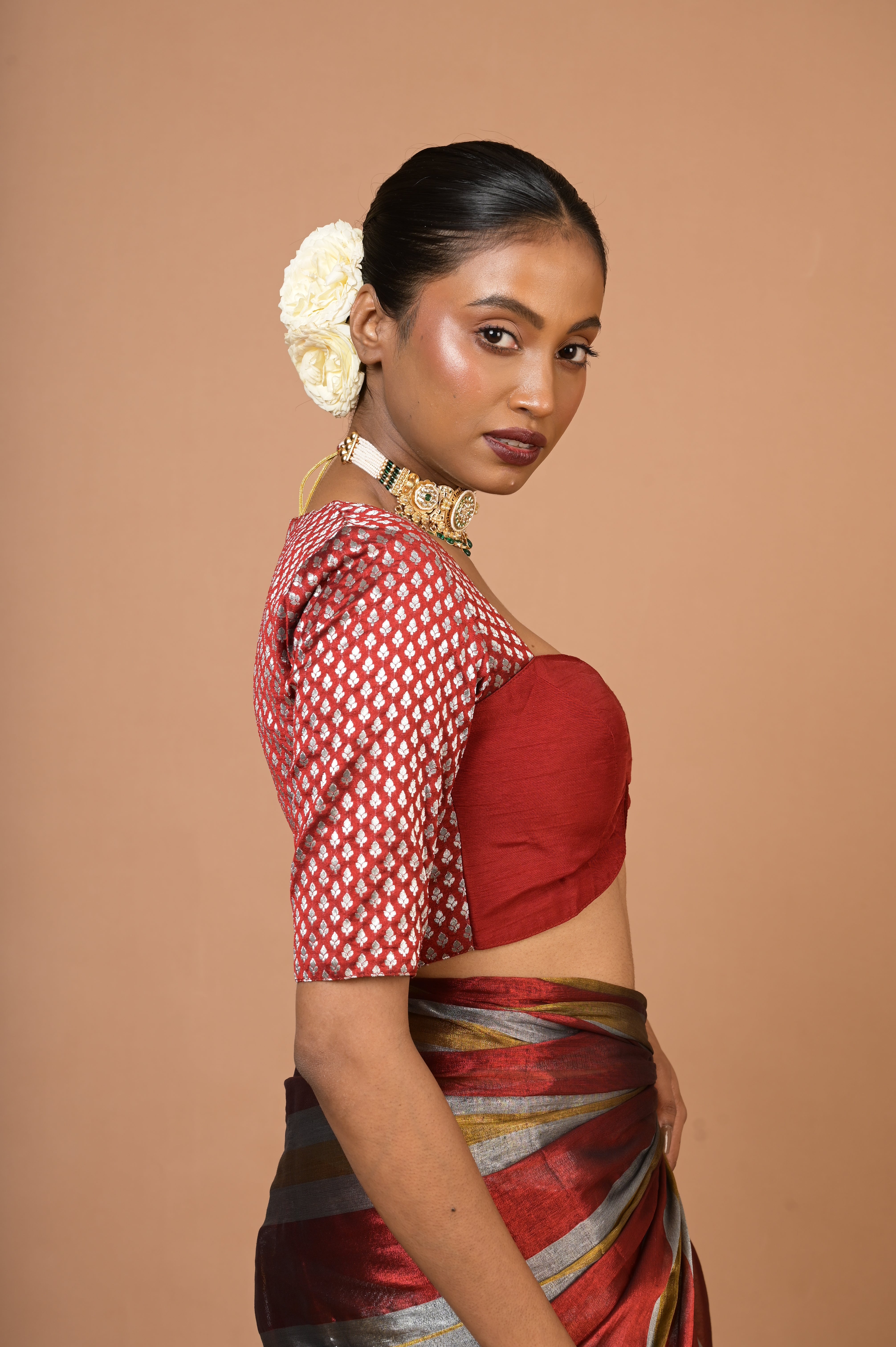 Shringarika I Red  Brocade Blouse with Queen Anne Neckline