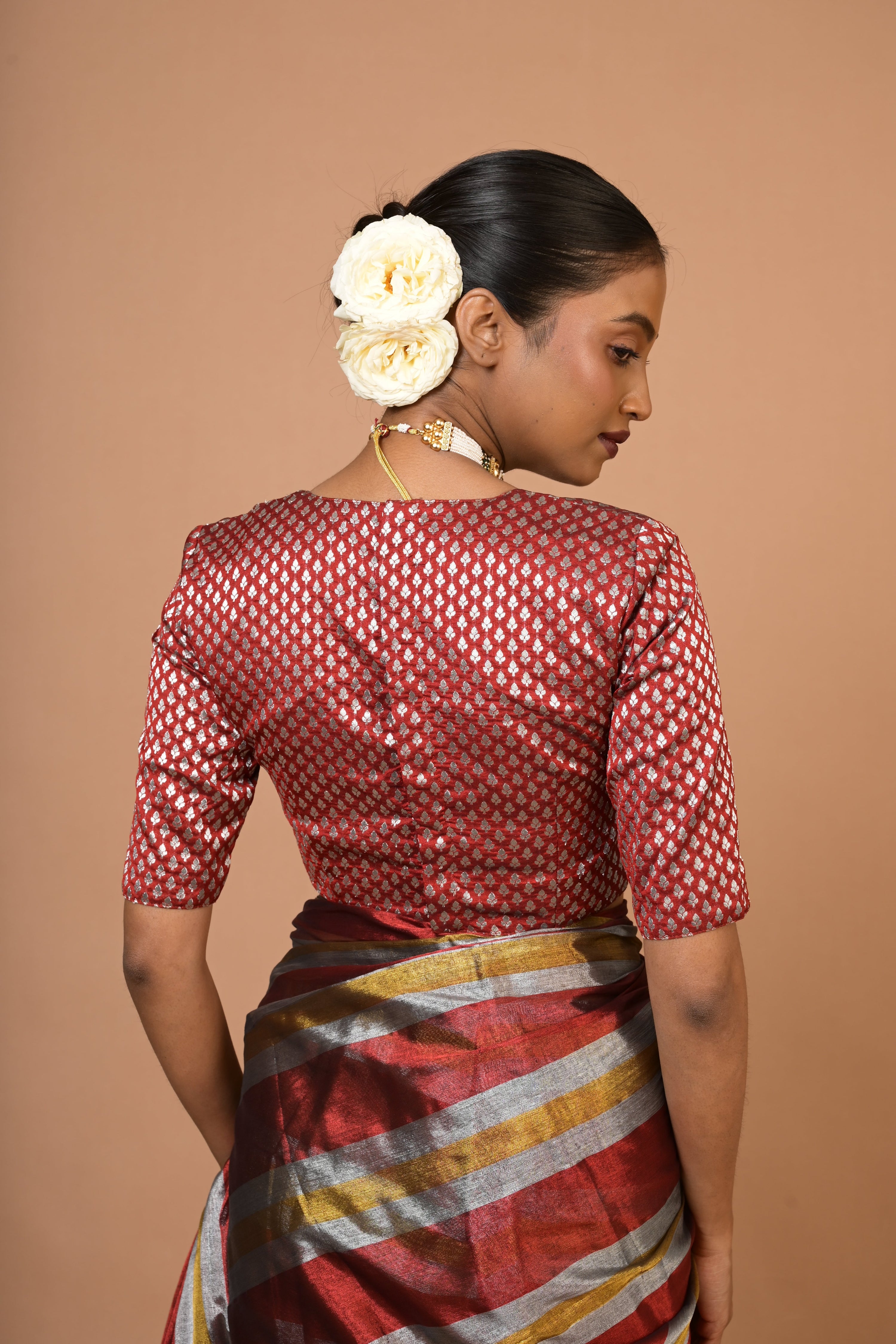 Multicolour Striped Handloom Tissue Saree with Ready to Wear Red Brocade Blouse Combo(Prathamika+Shringarika)