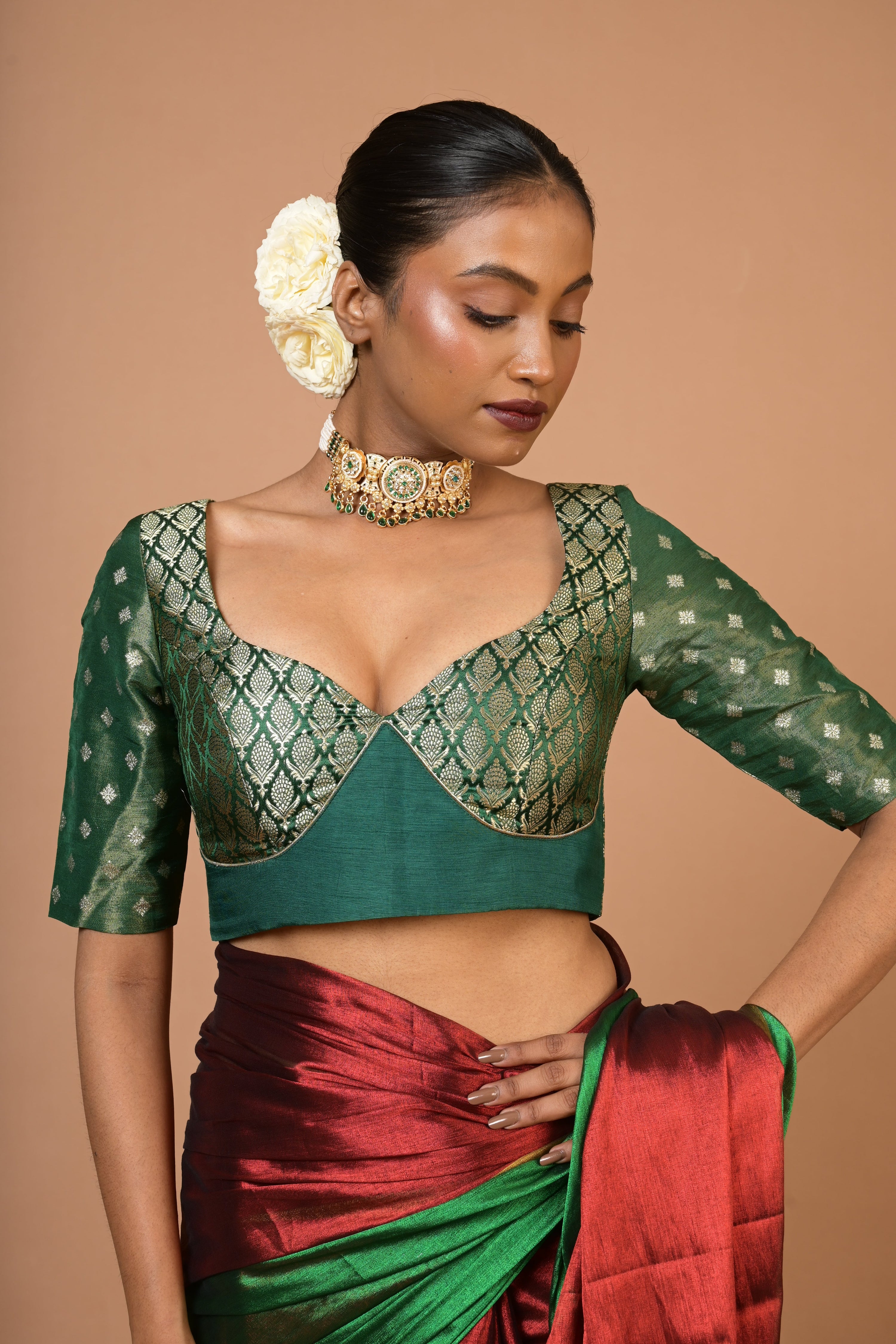 Red and Green Handloom Tissue Saree with Ready to Wear Green Brocade Combo(Sampriti+Manjari)