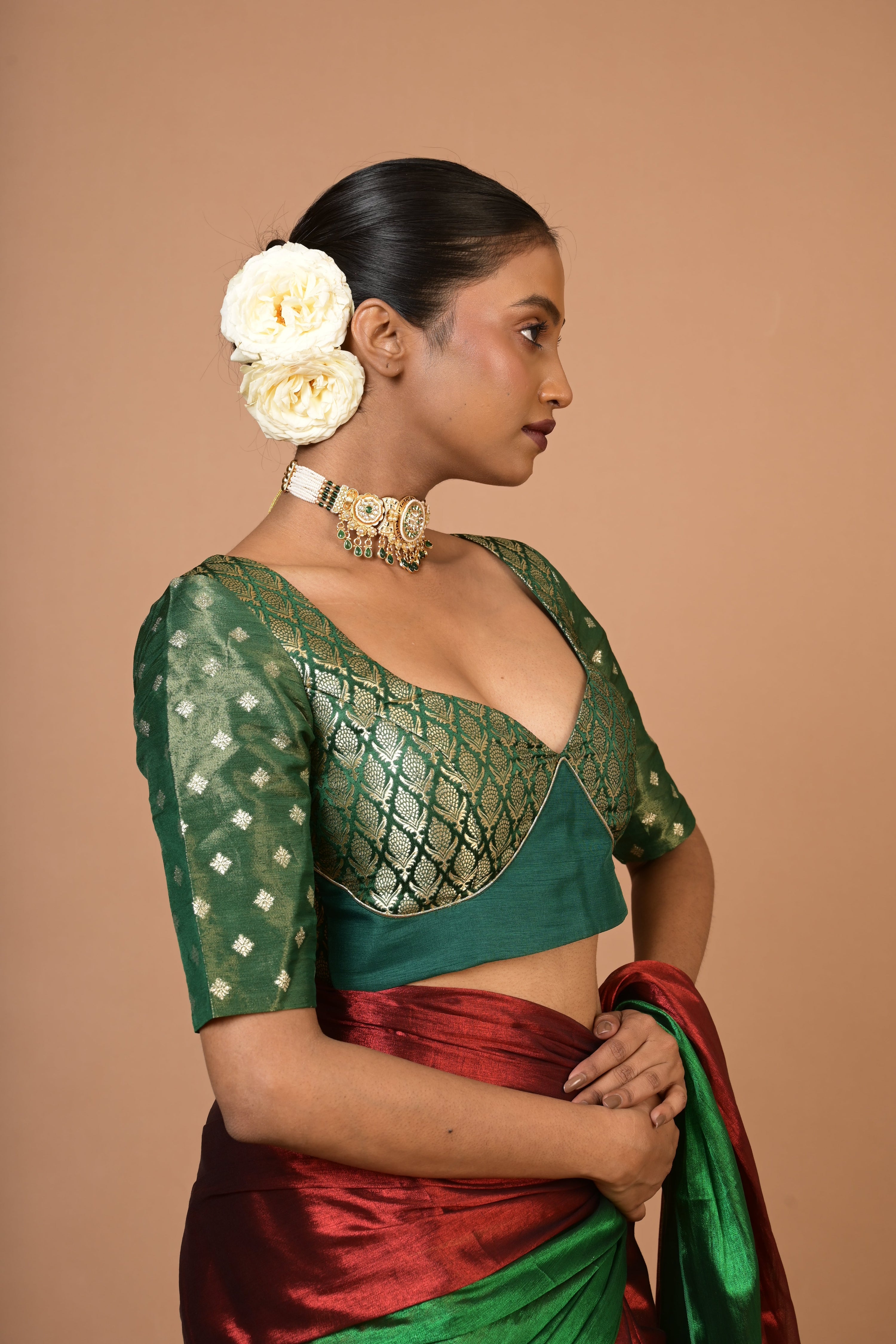 green-sweet-heart-neck-brocade-blouse