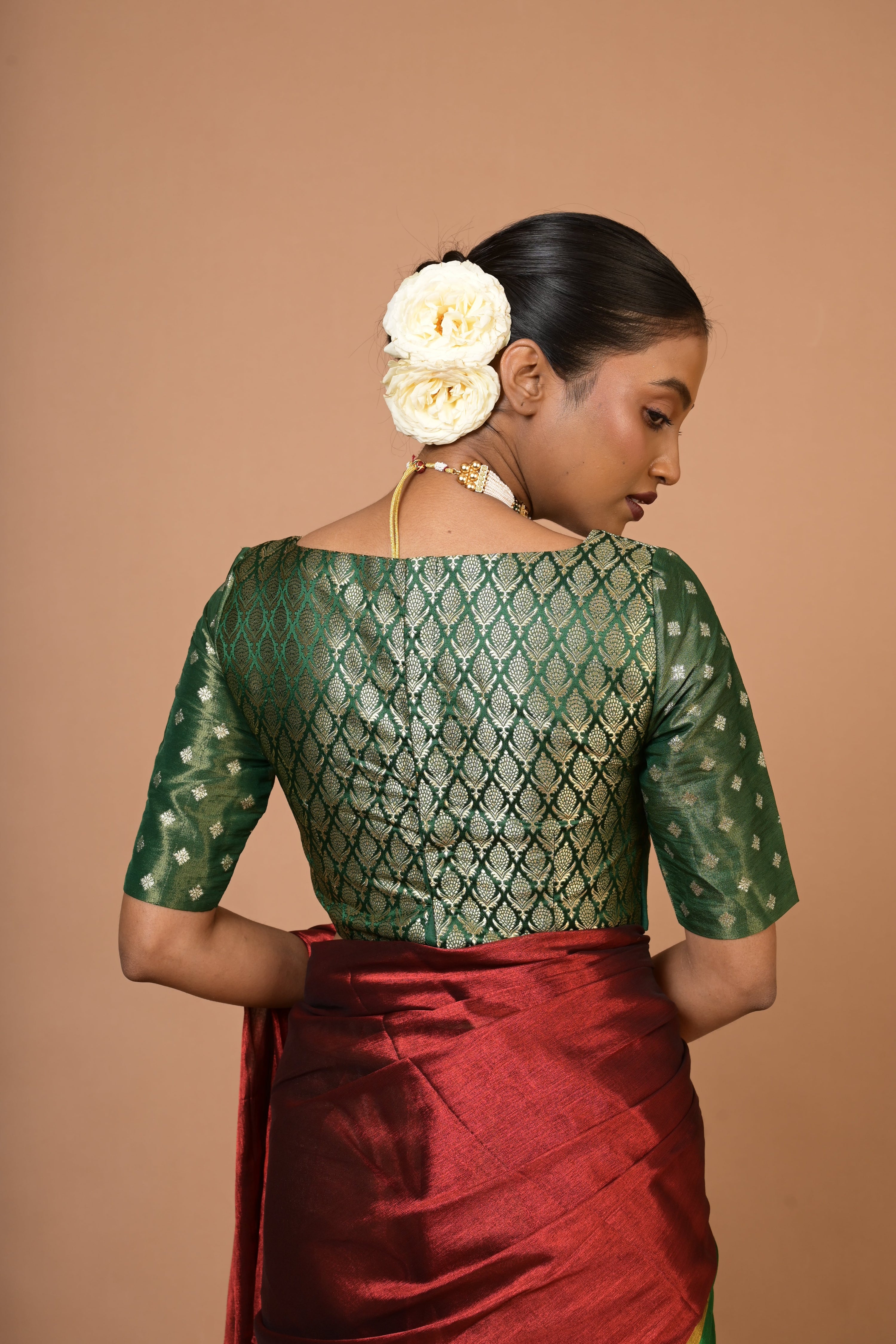 Red and Green Handloom Tissue Saree with Ready to Wear Green Brocade Combo(Sampriti+Manjari)
