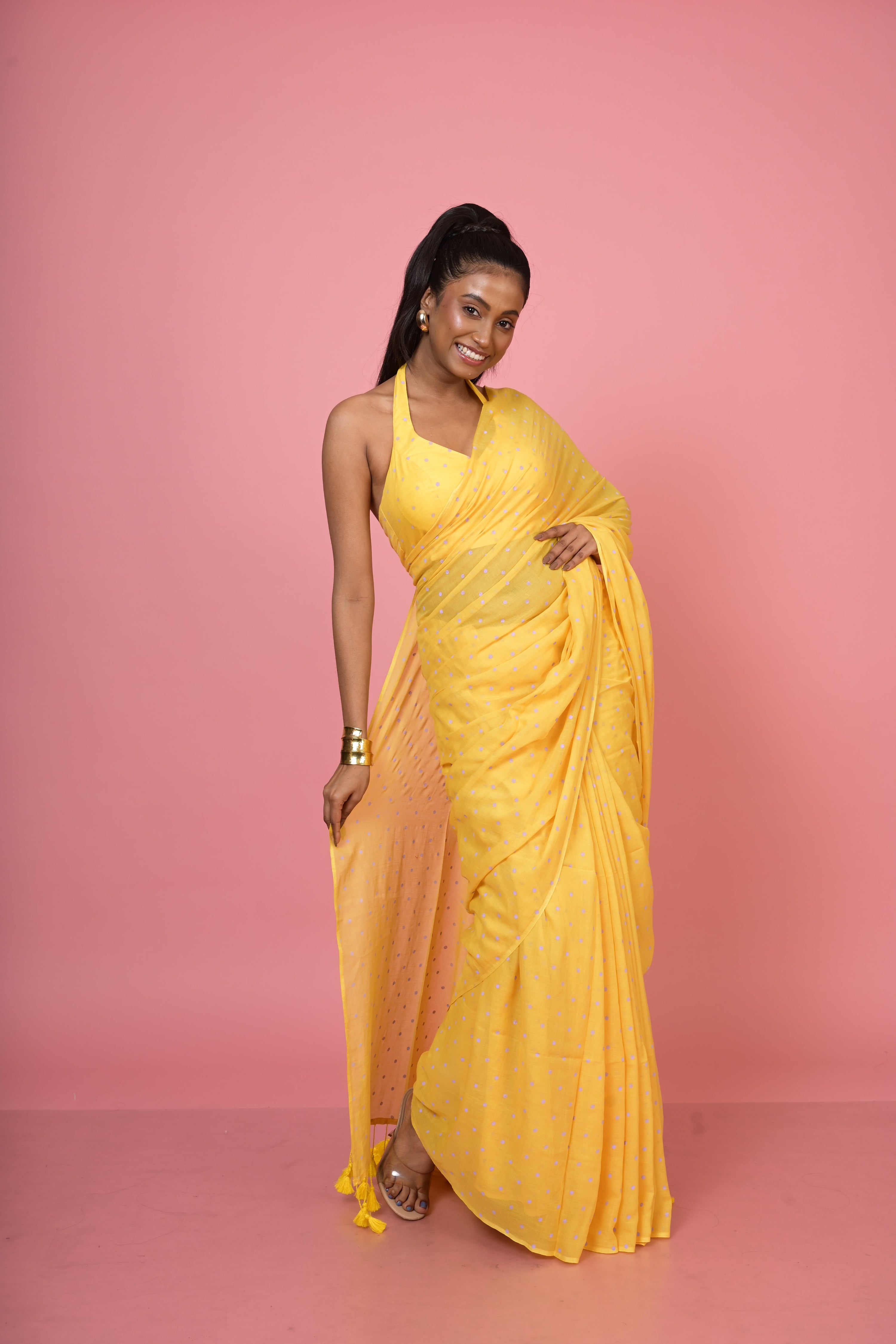 Yellow Handloom Mul Cotton Polka Dotted Saree with Ready to Wear Yellow Mul Cotton Polka Dotted Blouse(Basant Bahar+Basant Bilas)