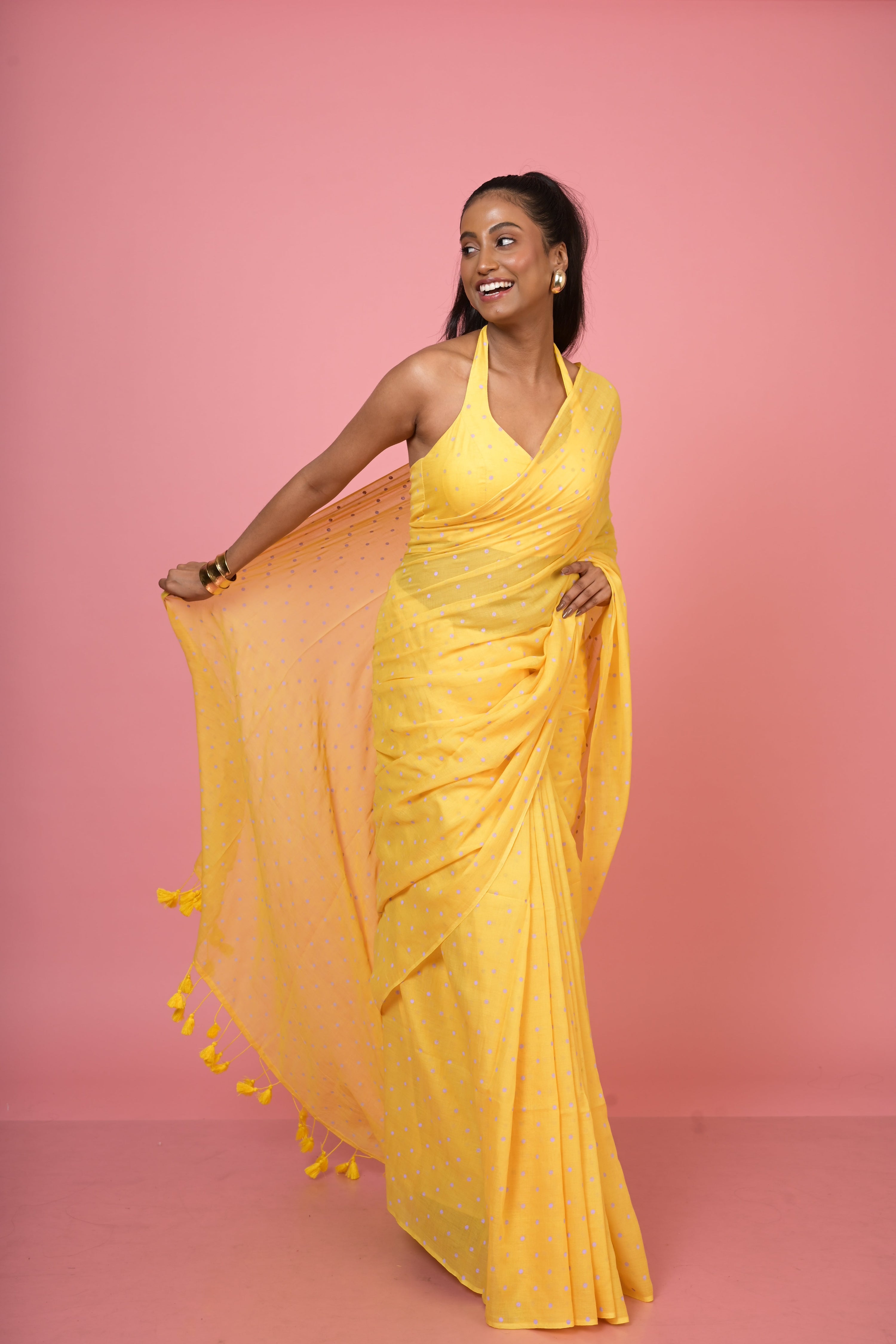 Yellow Handloom Mul Cotton Polka Dotted Saree with Ready to Wear Yellow Mul Cotton Polka Dotted Blouse(Basant Bahar+Basant Bilas)