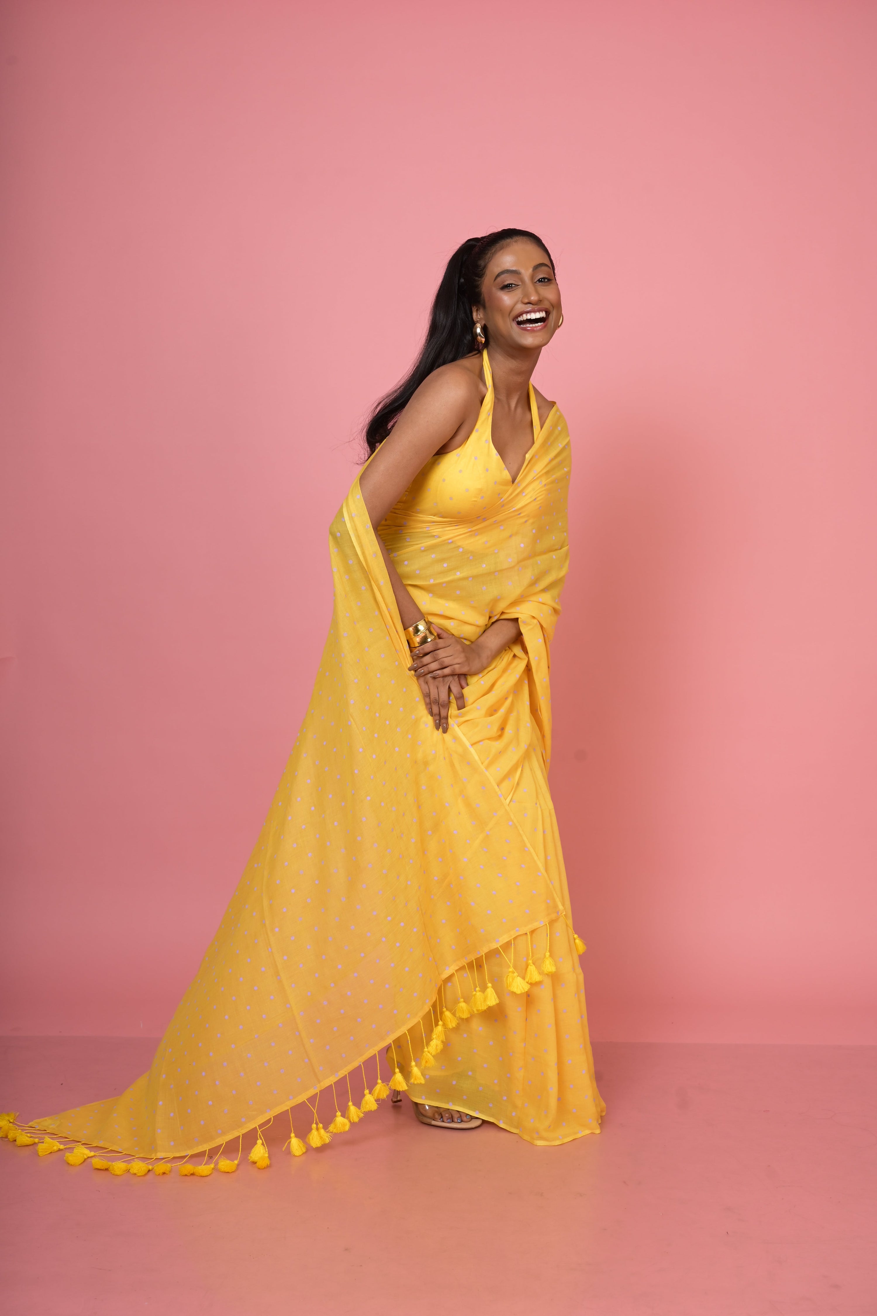 Yellow Handloom Mul Cotton Polka Dotted Saree with Ready to Wear Yellow Mul Cotton Polka Dotted Blouse(Basant Bahar+Basant Bilas)