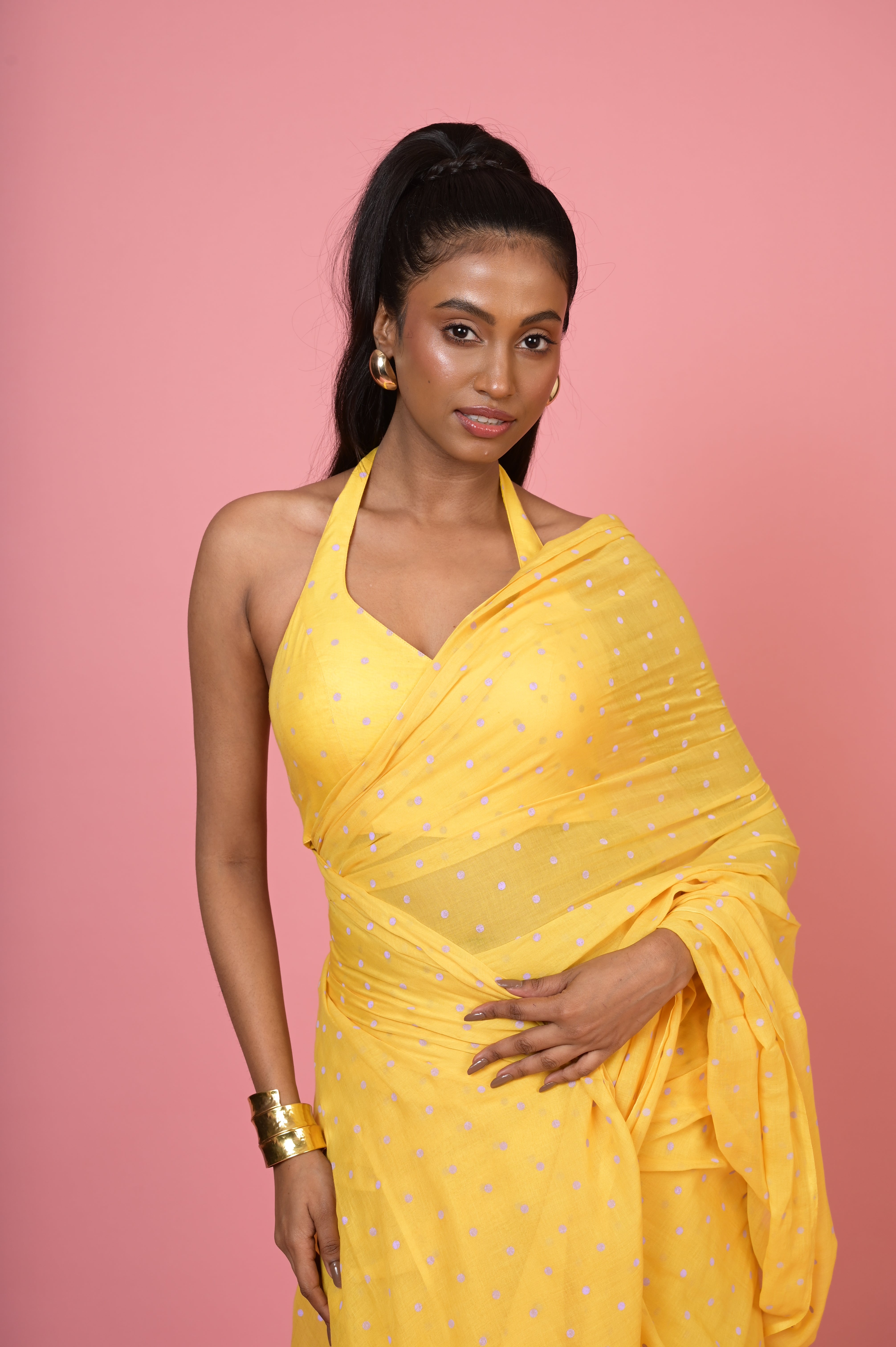 Basant Bahar I Yellow Handloom Mul Cotton Polka Dotted Saree