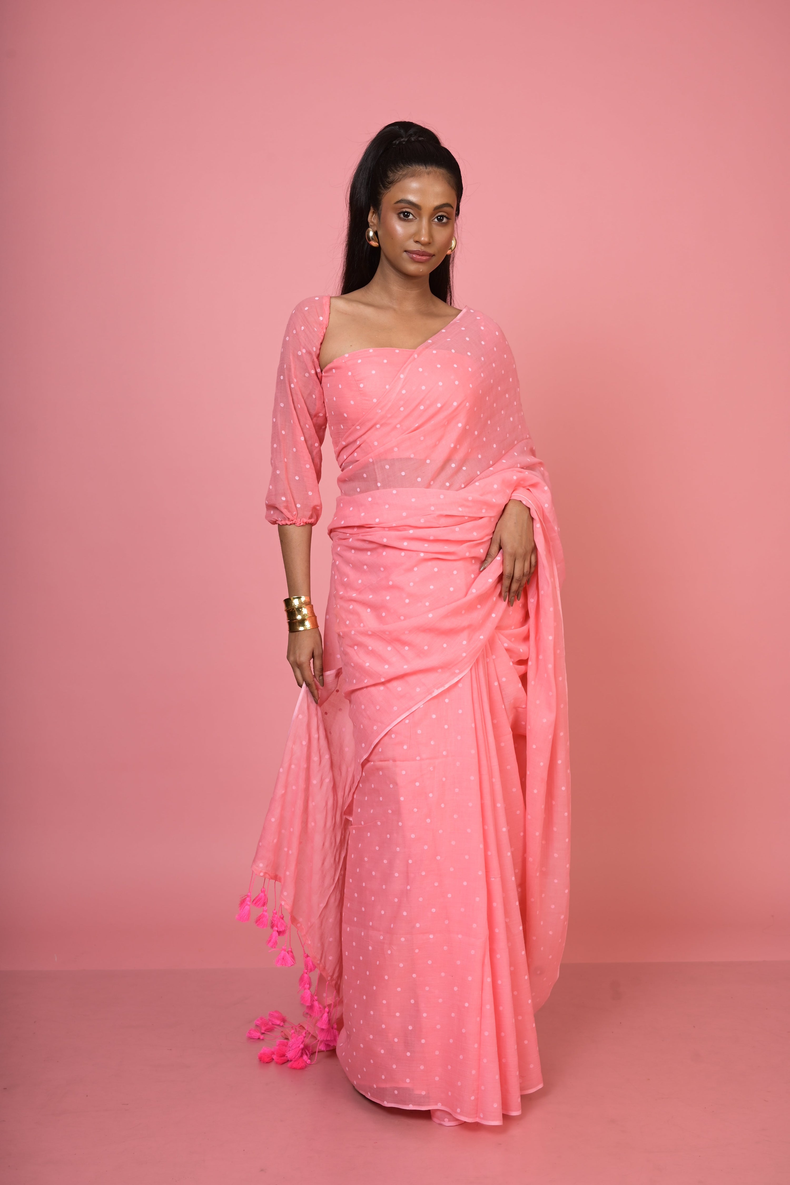 Rani pop I Baby Pink Handloom Mul Cotton Polka Dotted Saree