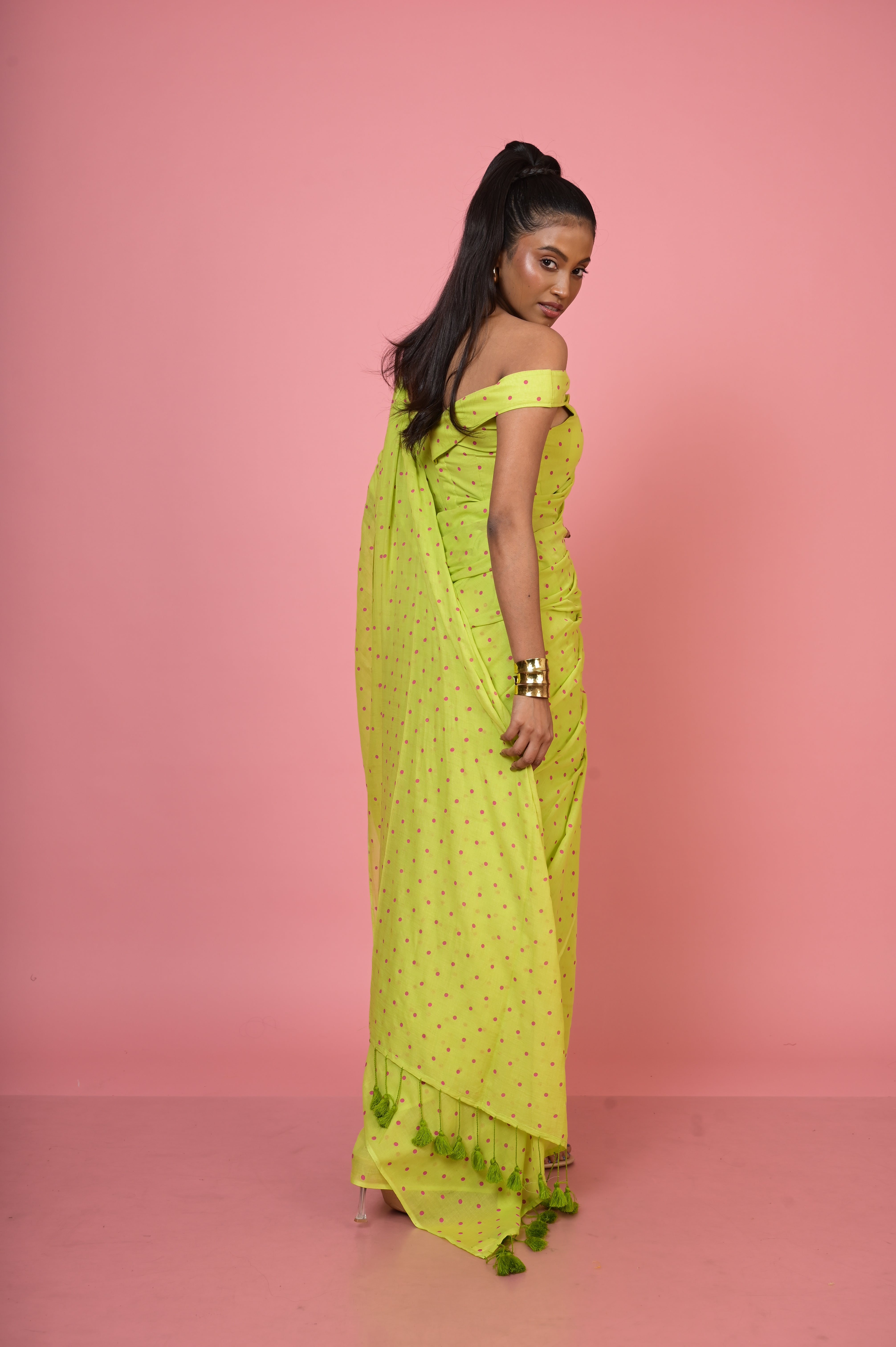 Nimbu Mirchi I Lime Green Handloom Mul Cotton Polka Dotted Saree