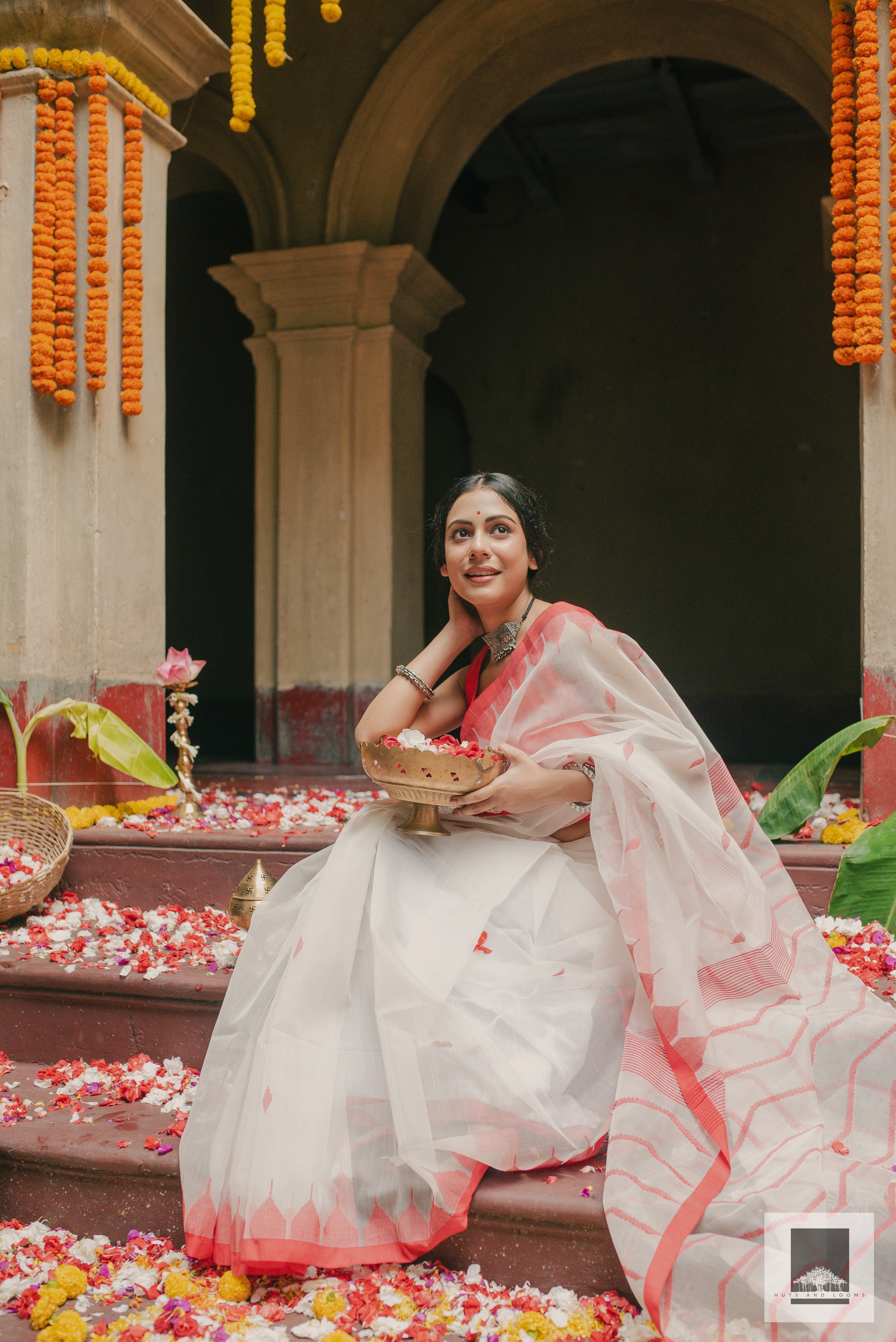 Aadya I  Red And White Handloom Silk Saree