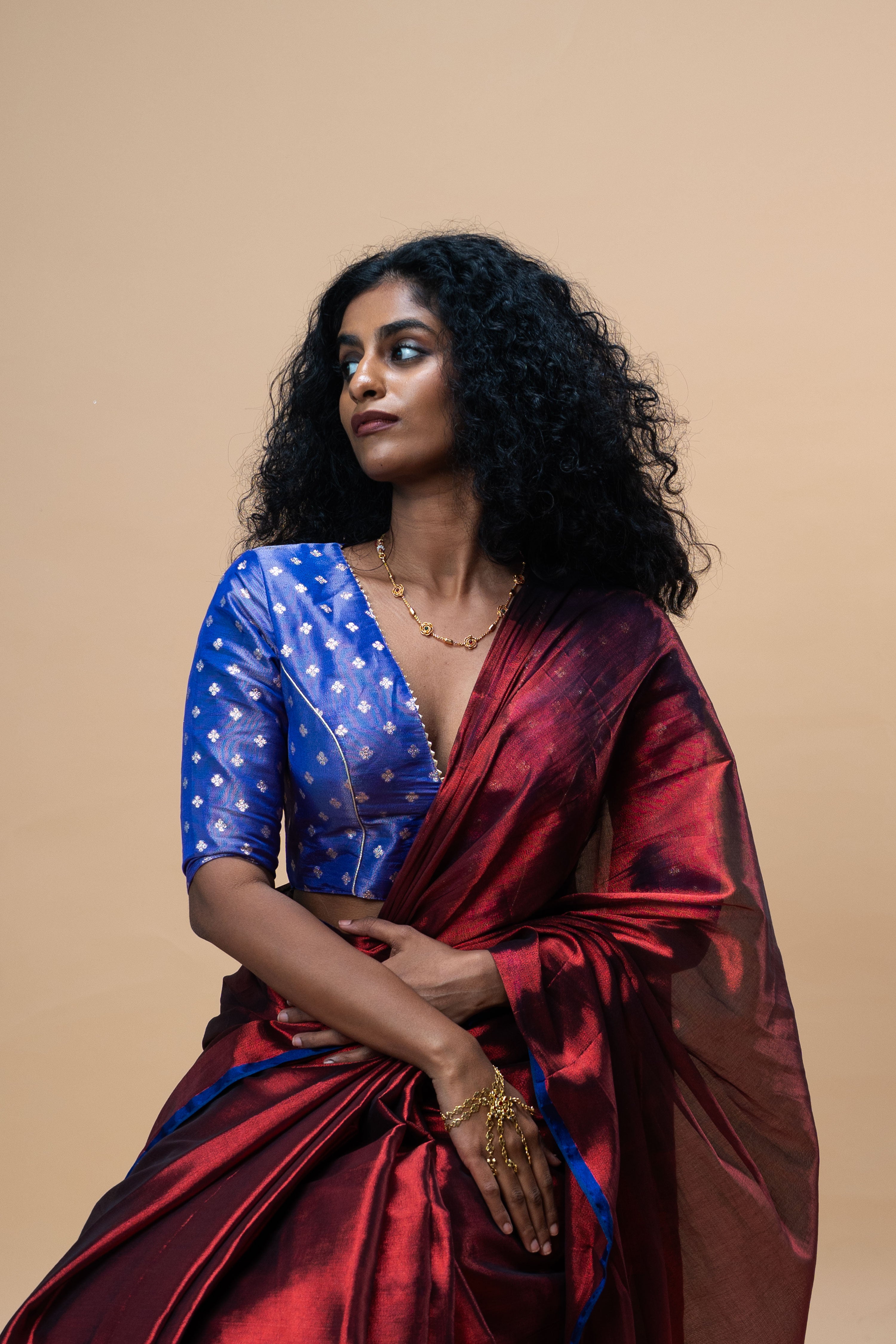 Antara I Blue brocade silk blouse with v neck