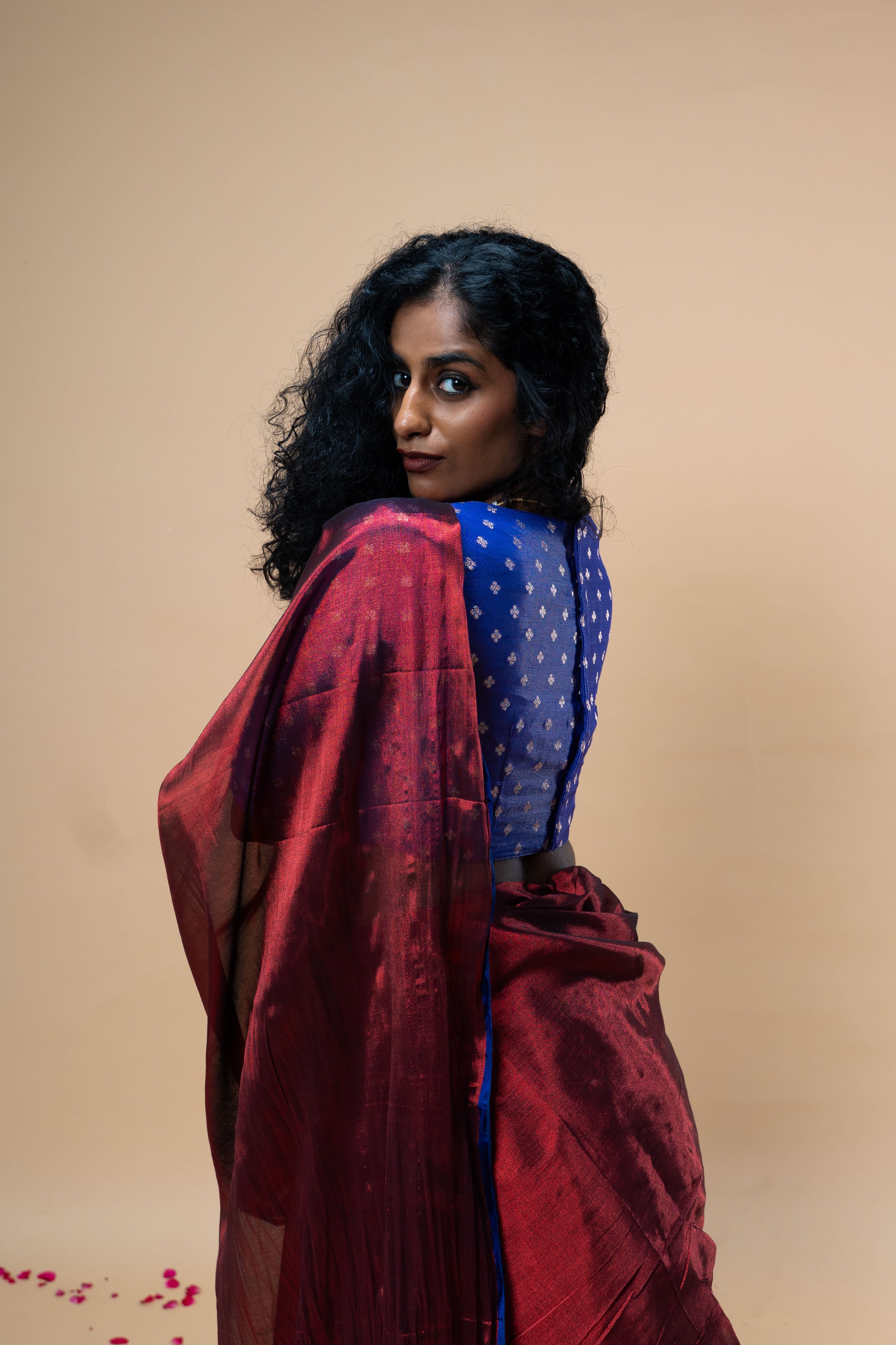 Antara I Blue brocade silk blouse with v neck