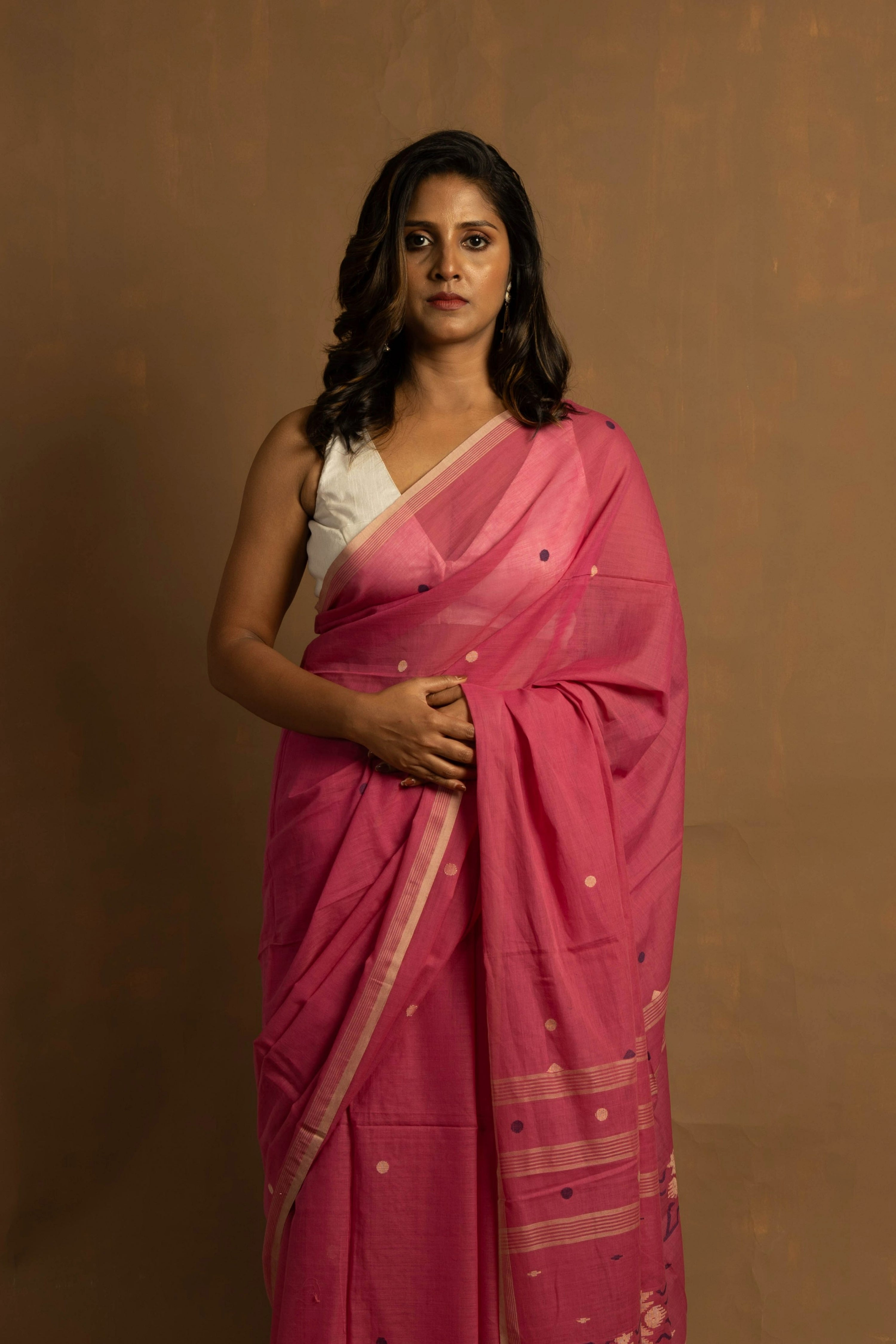 Pink Feather I Handloom Pink Cotton Jamdani Saree I