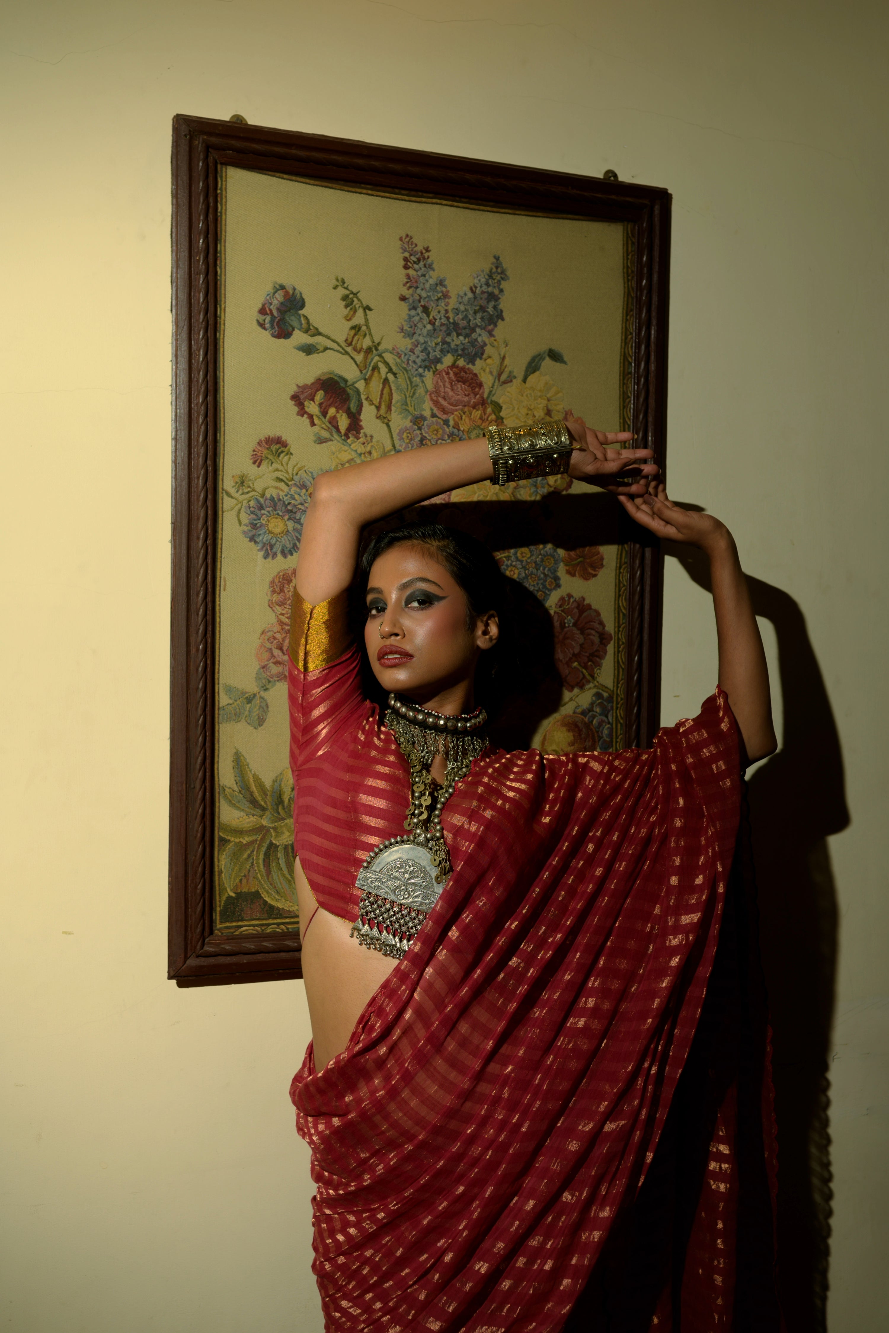 Femme Fatale I Maroon Handloom Cotton Saree with Zari Stripes and Scalloped Border