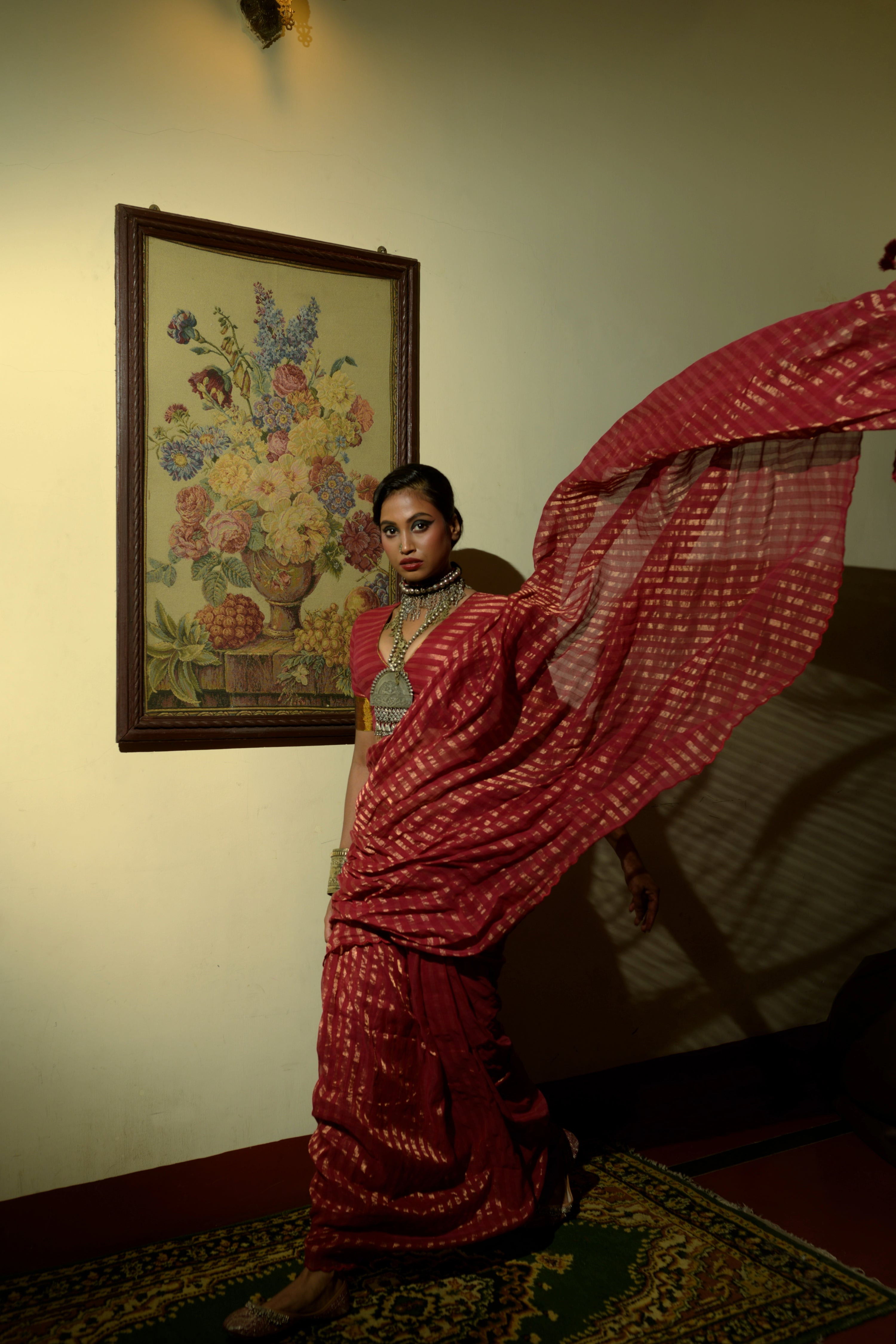 Femme Fatale I Maroon Handloom Cotton Saree with Zari Stripes and Scalloped Border