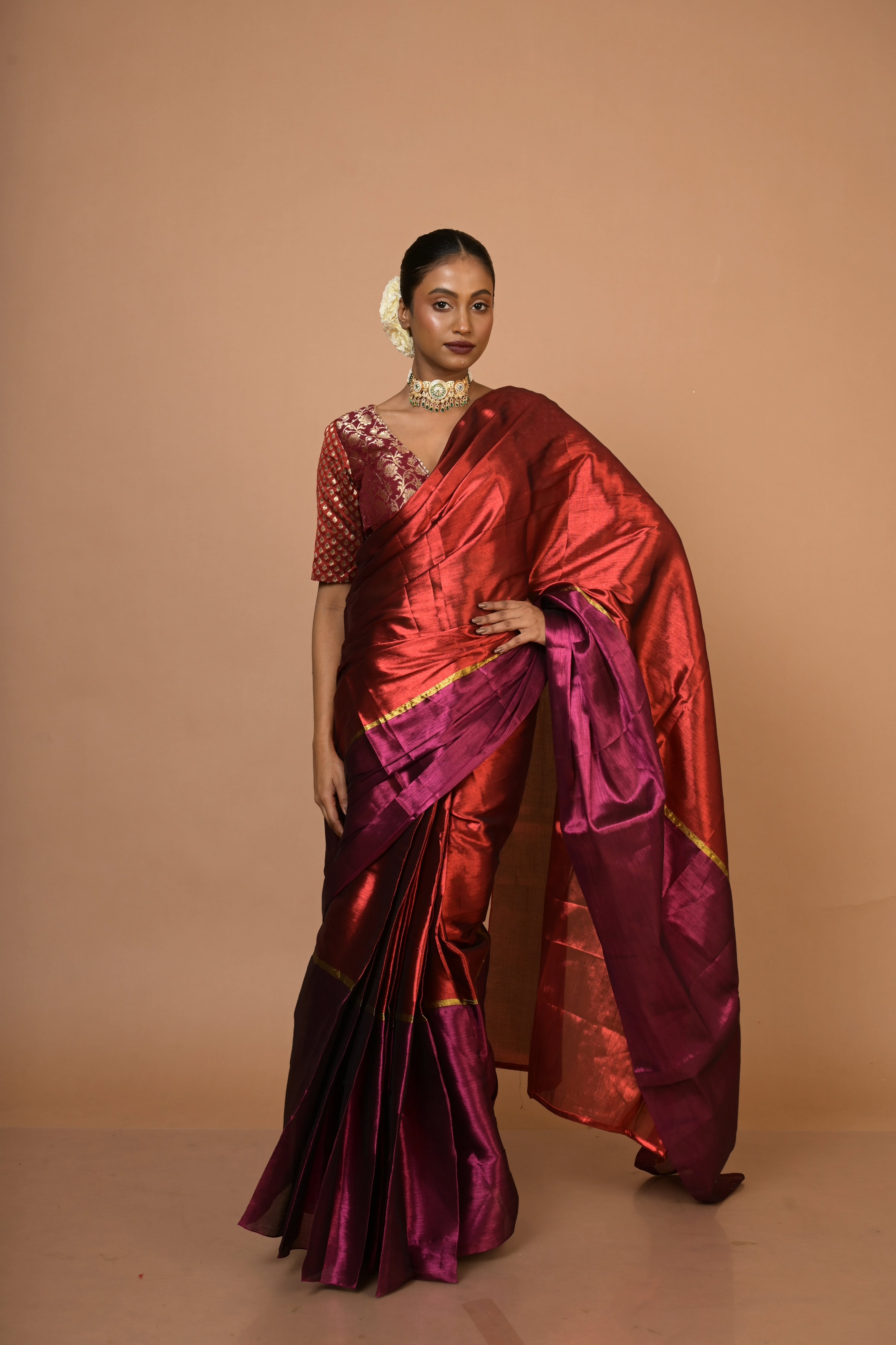 Red and Purple Handloom Tissue Saree with Ready to Wear Red and Purple Brocade Blouse Combo(Navya+Anuraagini)