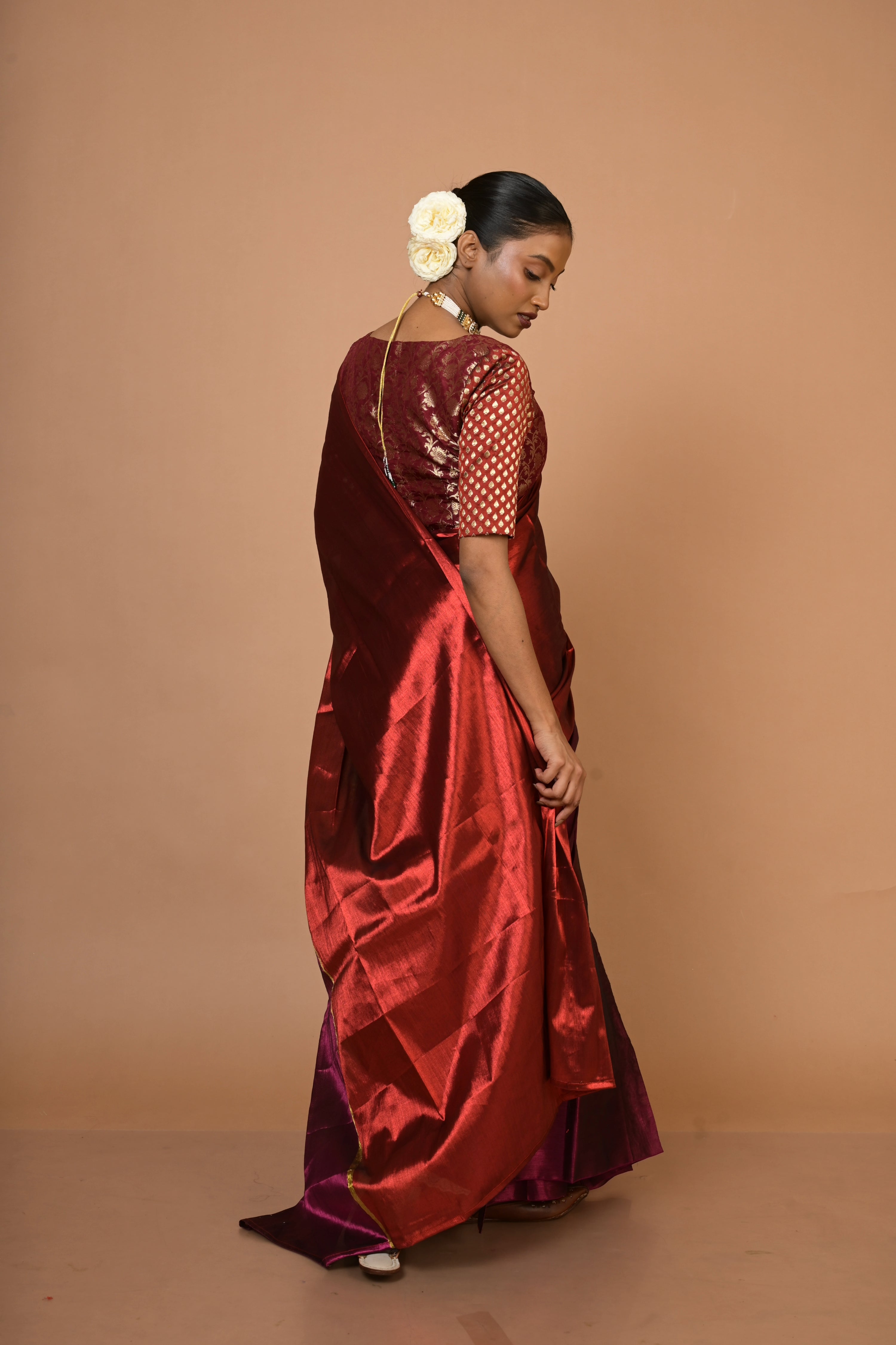 Red and Purple Handloom Tissue Saree with Ready to Wear Red and Purple Brocade Blouse Combo(Navya+Anuraagini)