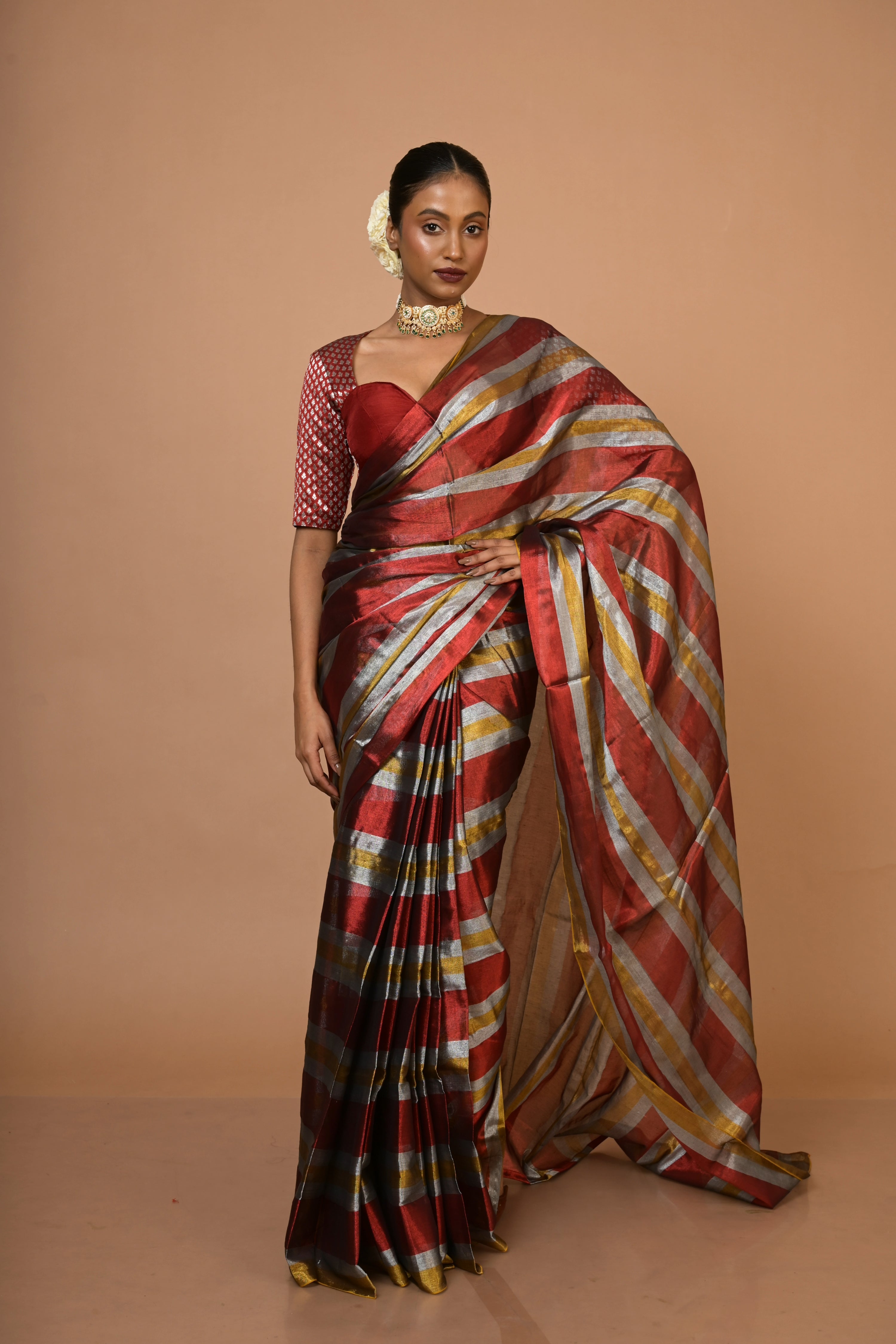 Prathamika I Multicolour Striped Handloom Tissue Saree