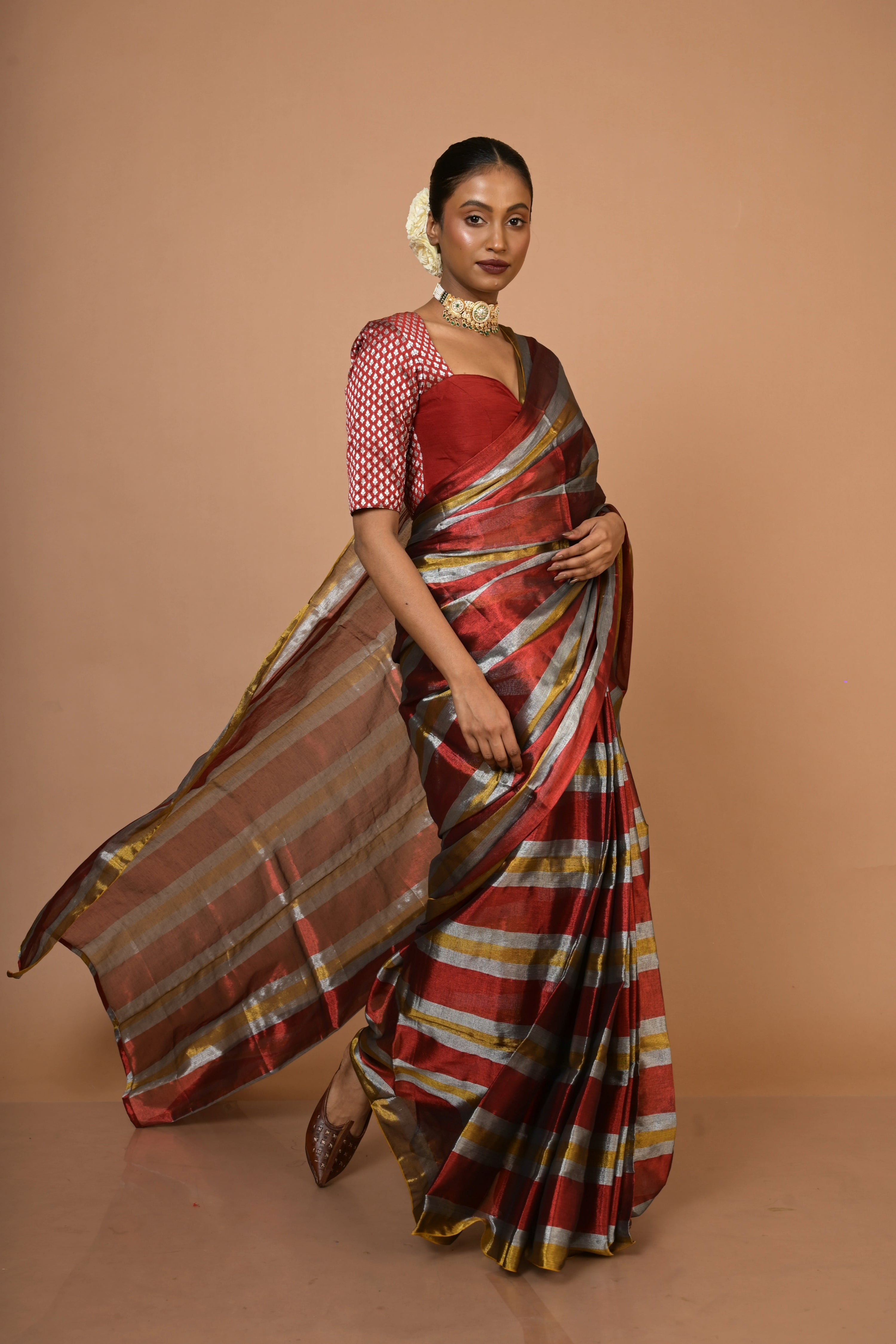 Multicolour Striped Handloom Tissue Saree with Ready to Wear Red Brocade Blouse Combo(Prathamika+Shringarika)