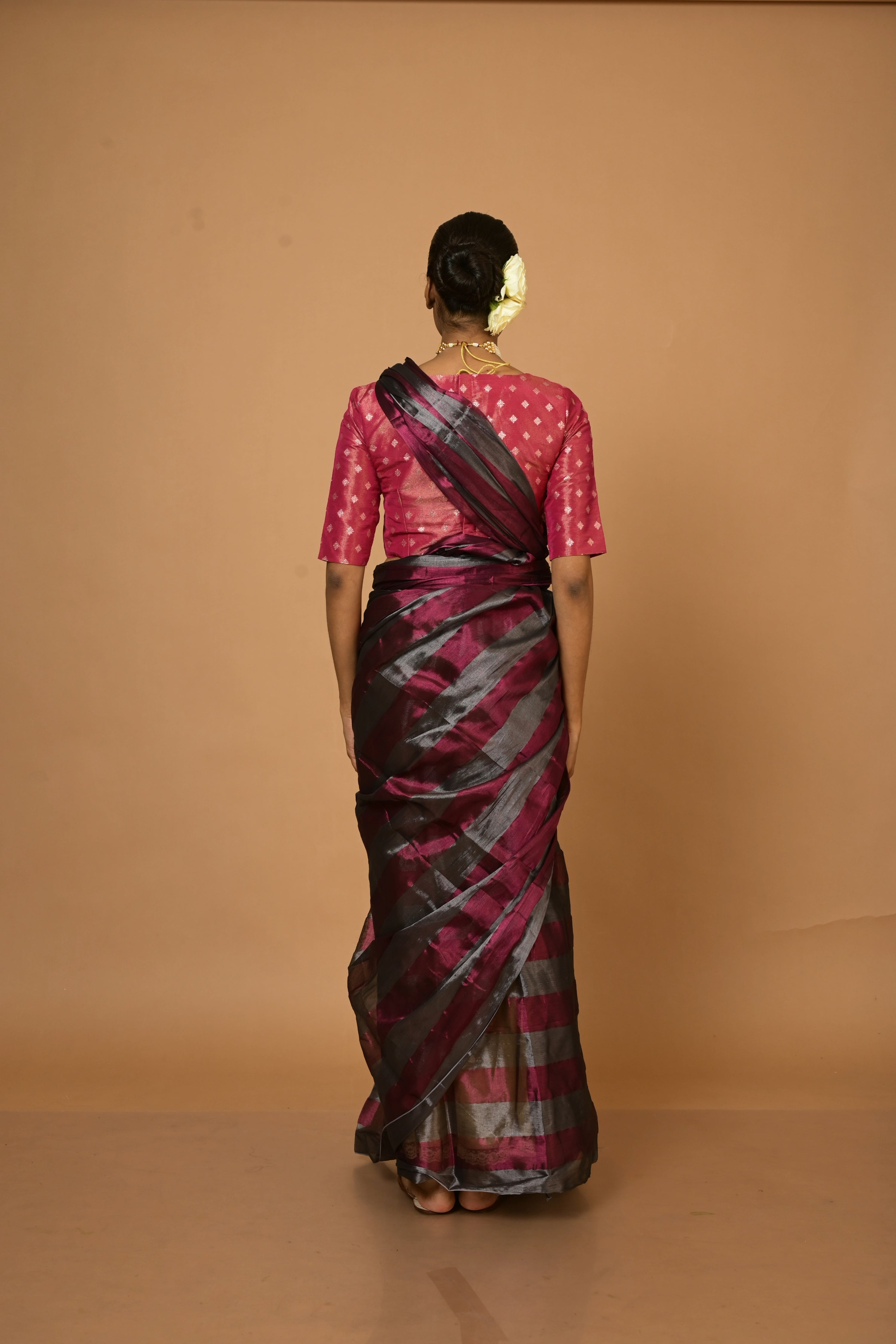 Abhilasha I Silver and Purple Striped Handloom Tissue Saree