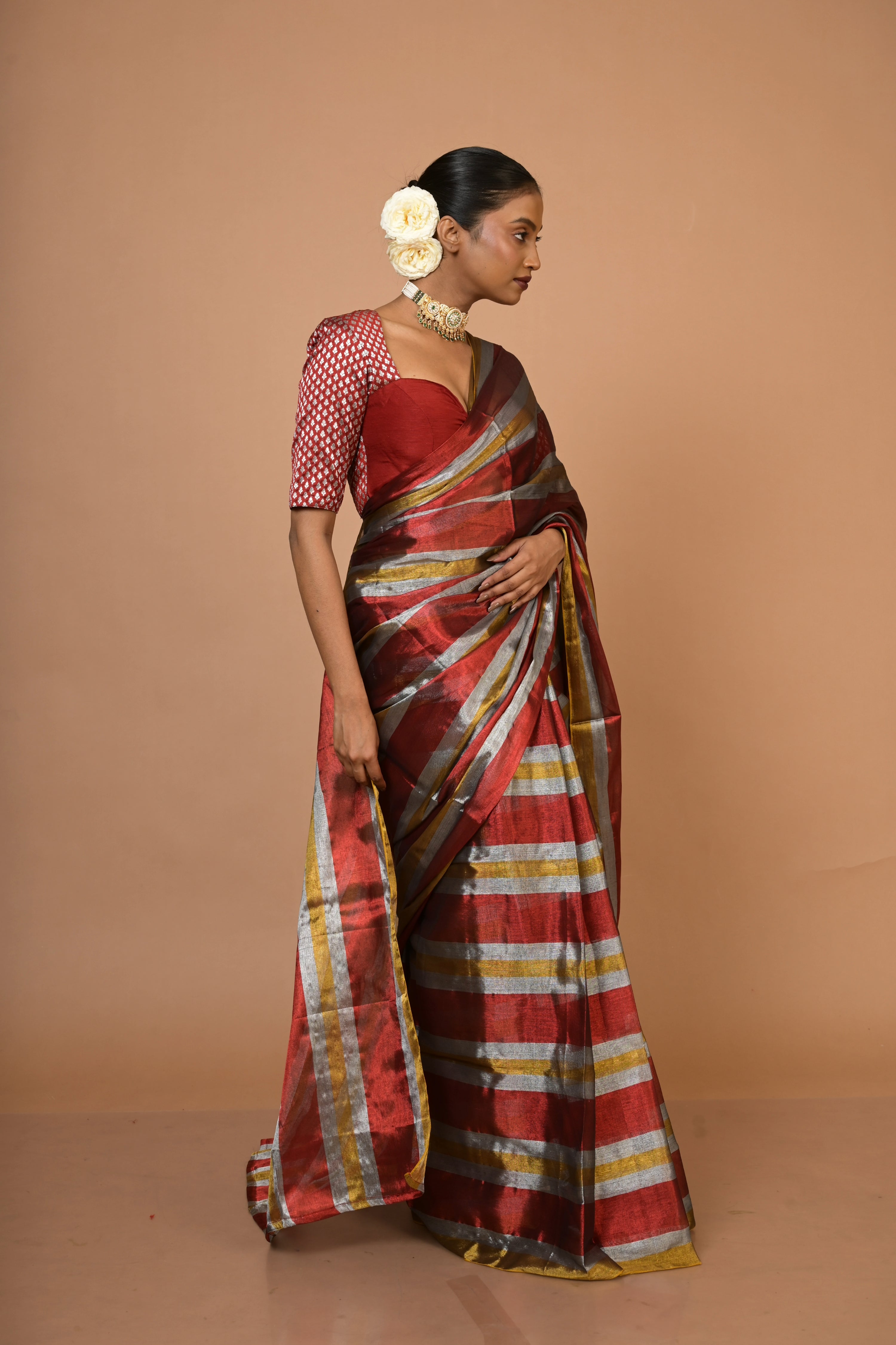 Prathamika I Multicolour Striped Handloom Tissue Saree