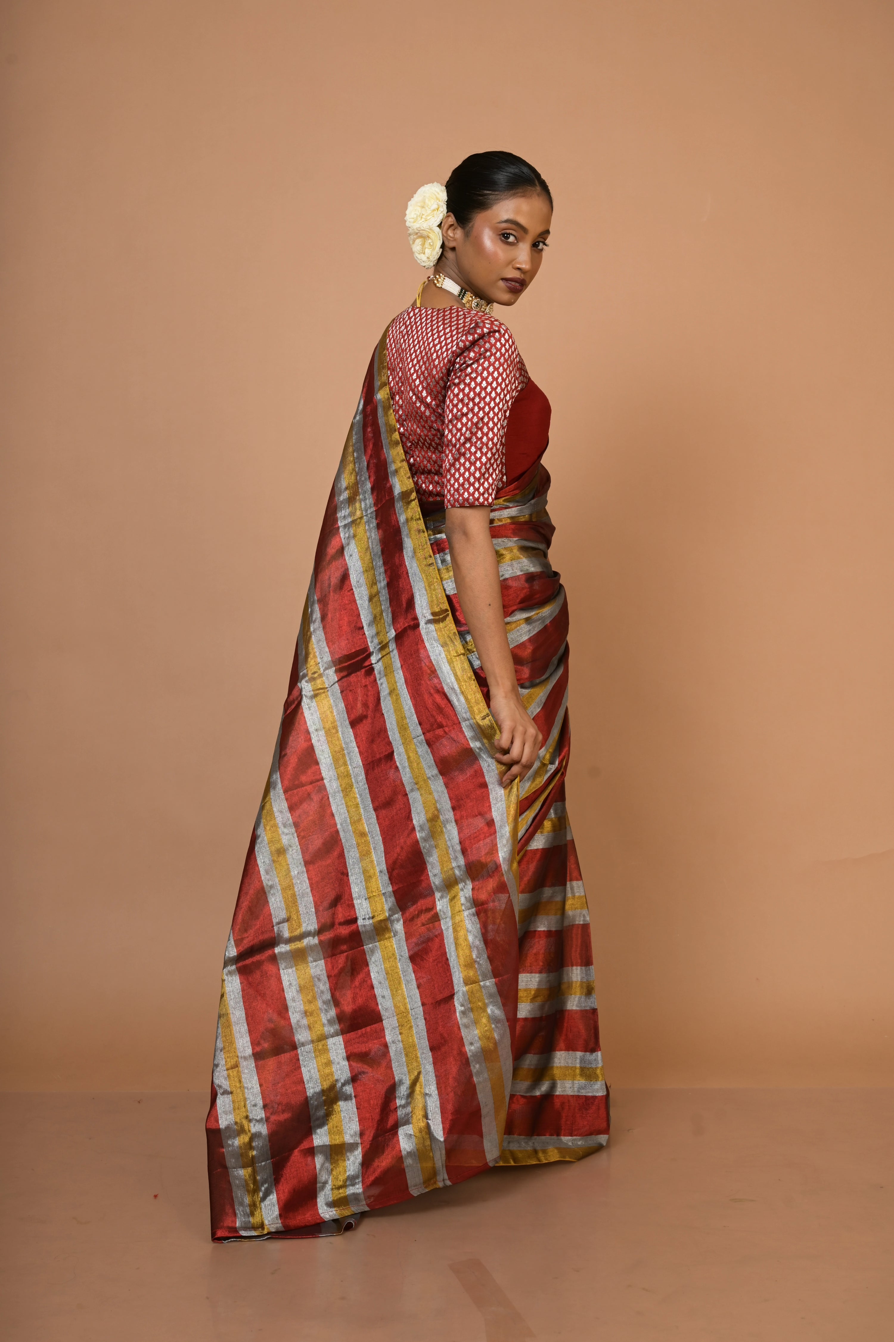 Prathamika I Multicolour Striped Handloom Tissue Saree