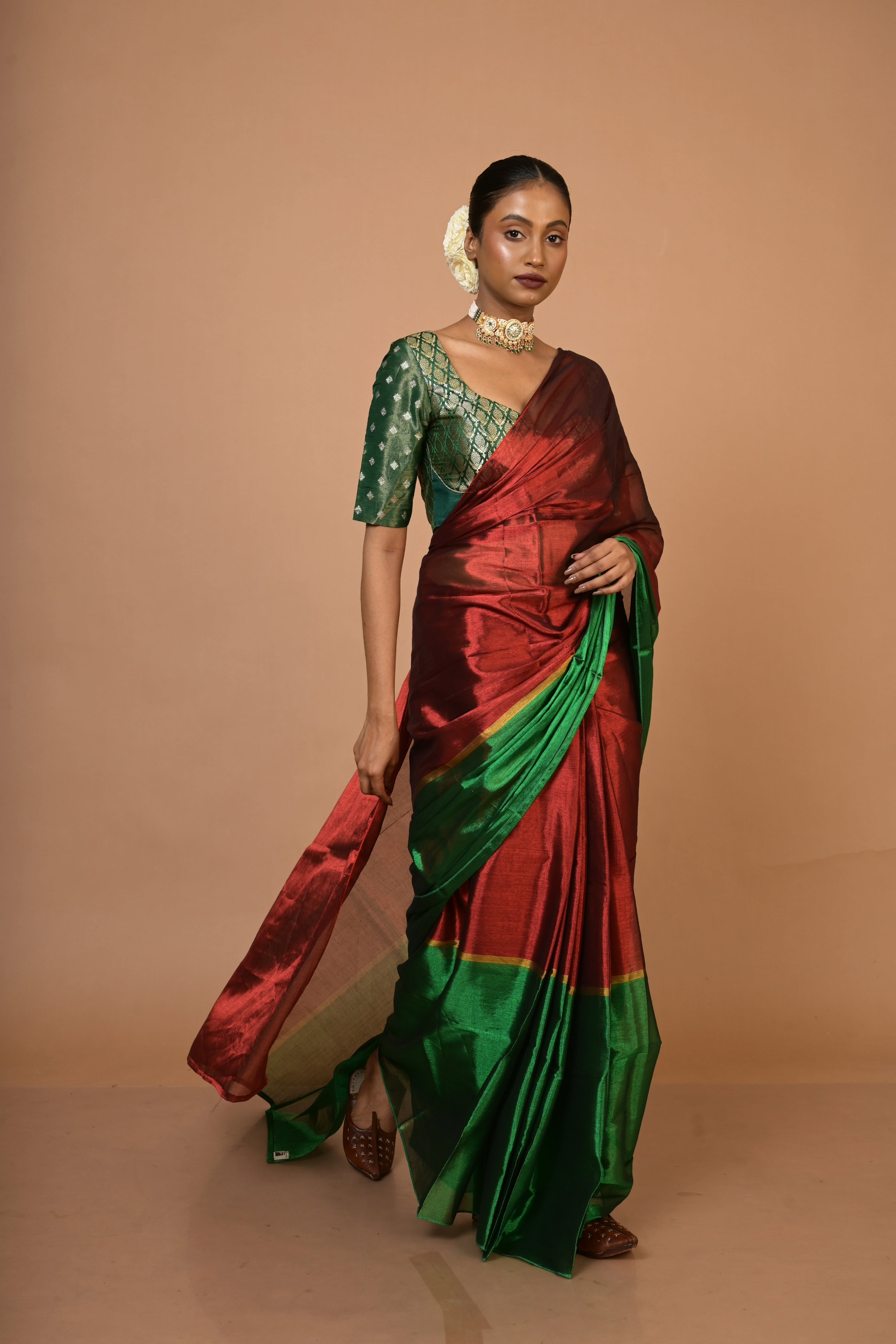 Red and Green Handloom Tissue Saree with Ready to Wear Green Brocade Combo(Sampriti+Manjari)