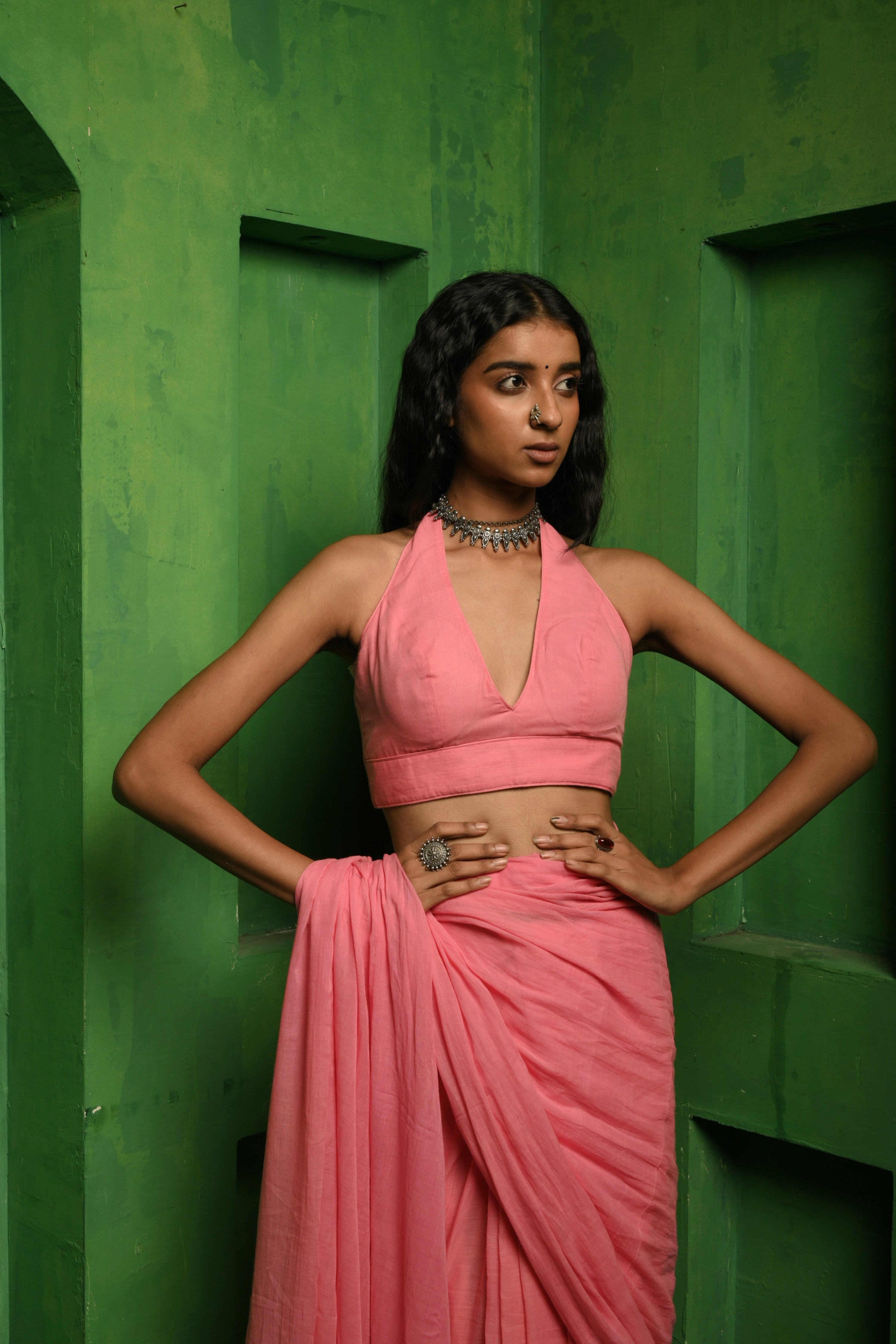 Plum delight I Baby Pink Handloom Mul Modal Plunging Neck Blouse