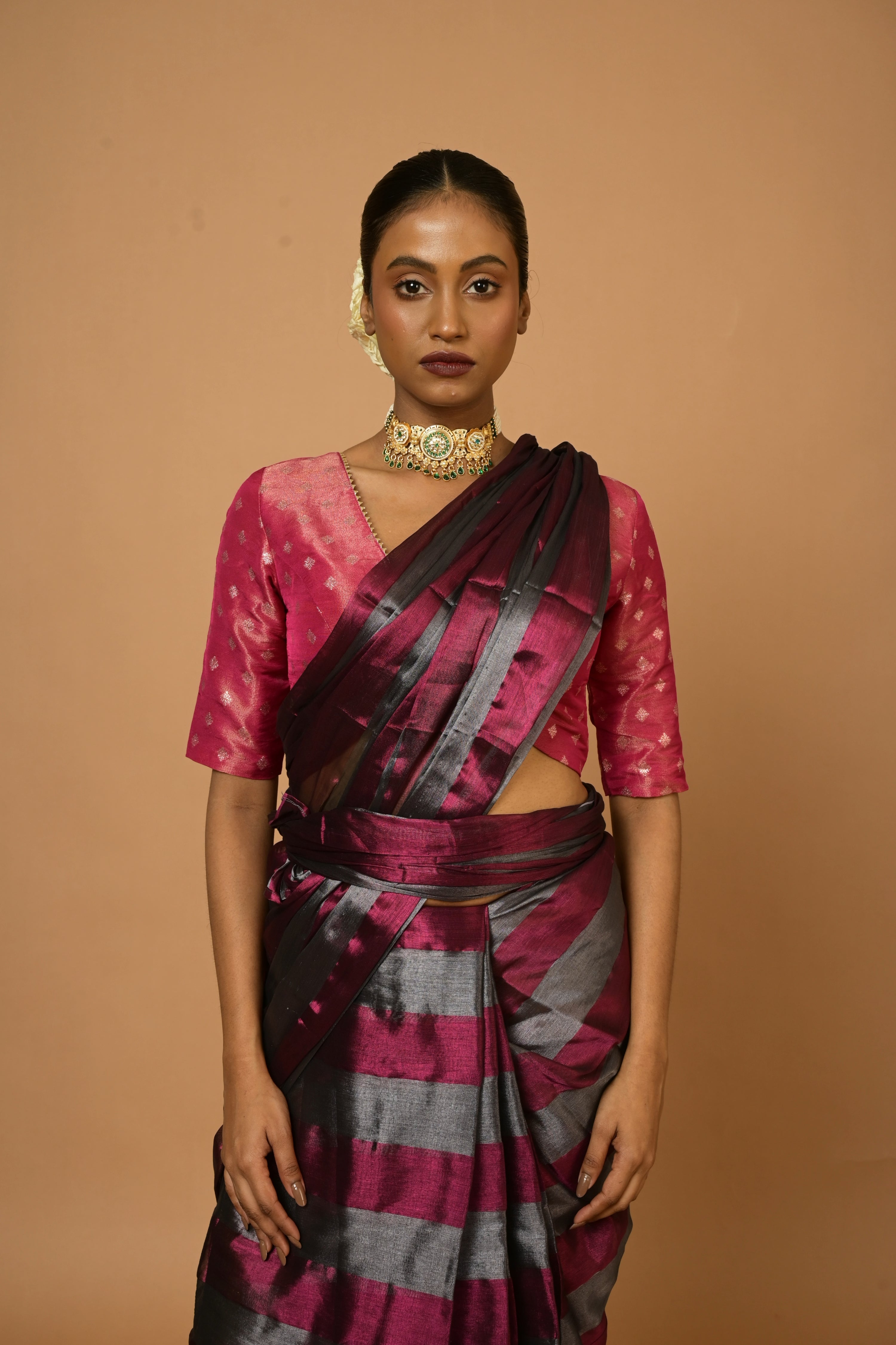 Abhilasha I Silver and Purple Striped Handloom Tissue Saree