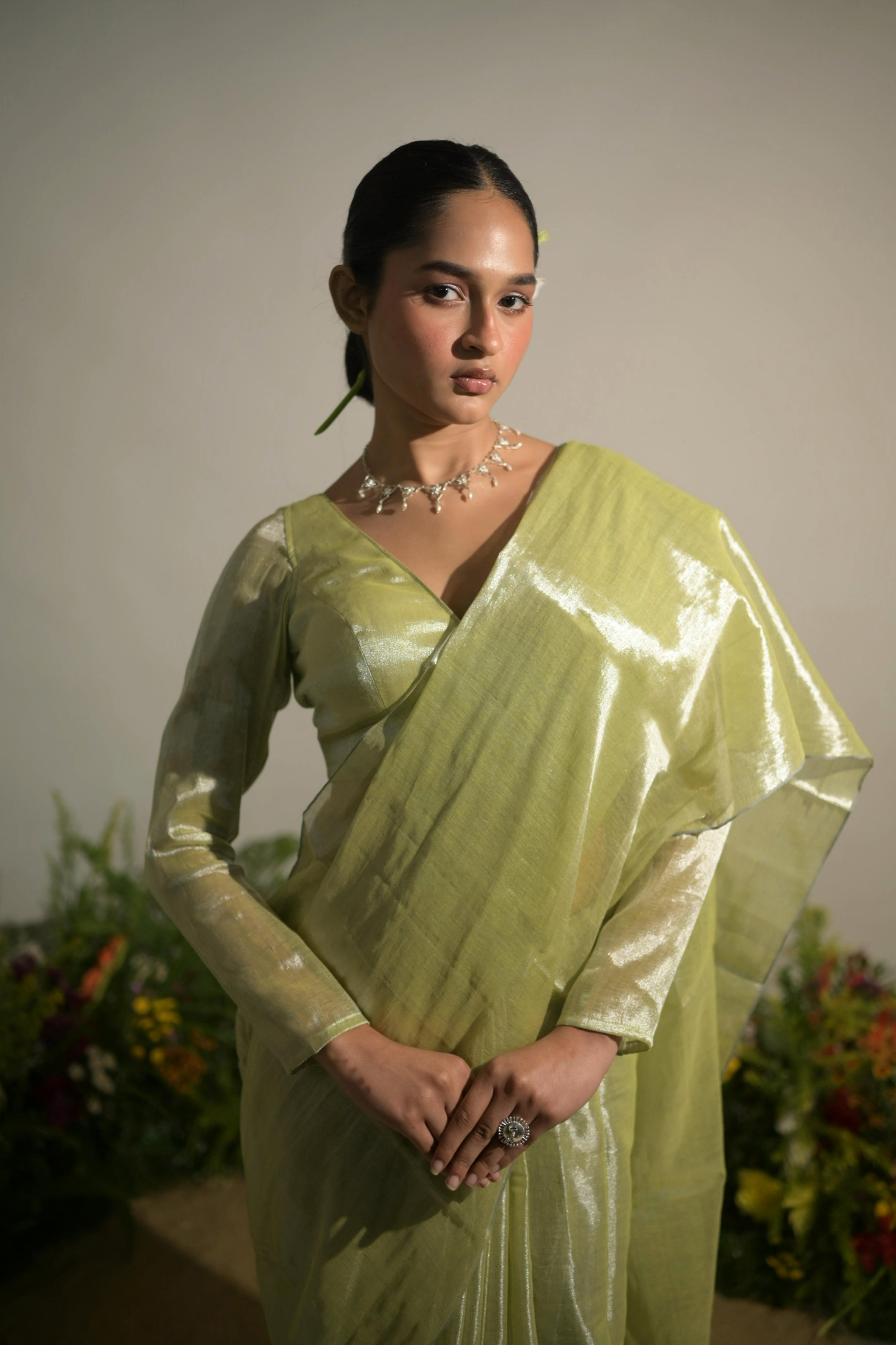 Jade Paradise I Neon Green Tissue Saree