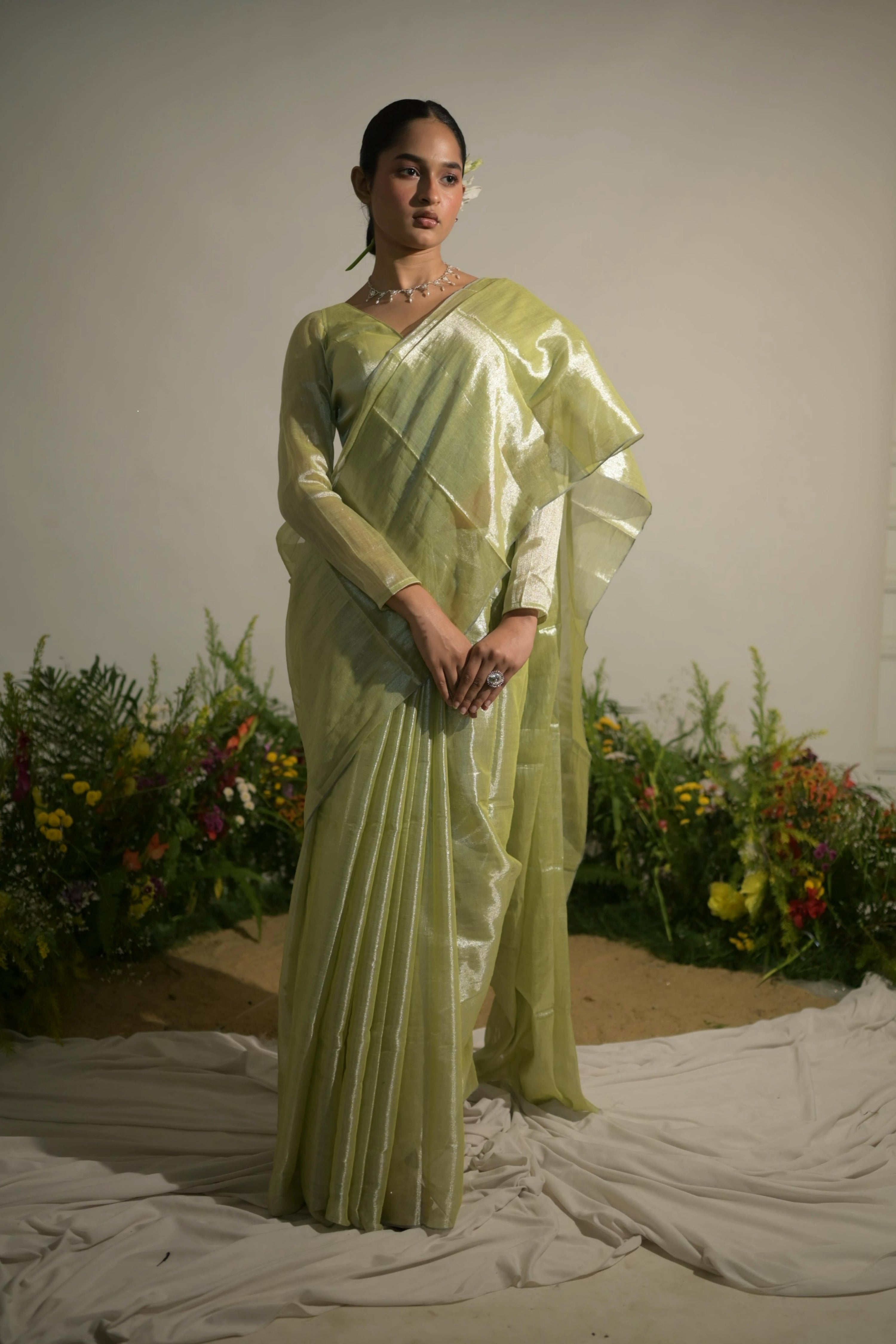 Jade Paradise I Neon Green Tissue Saree