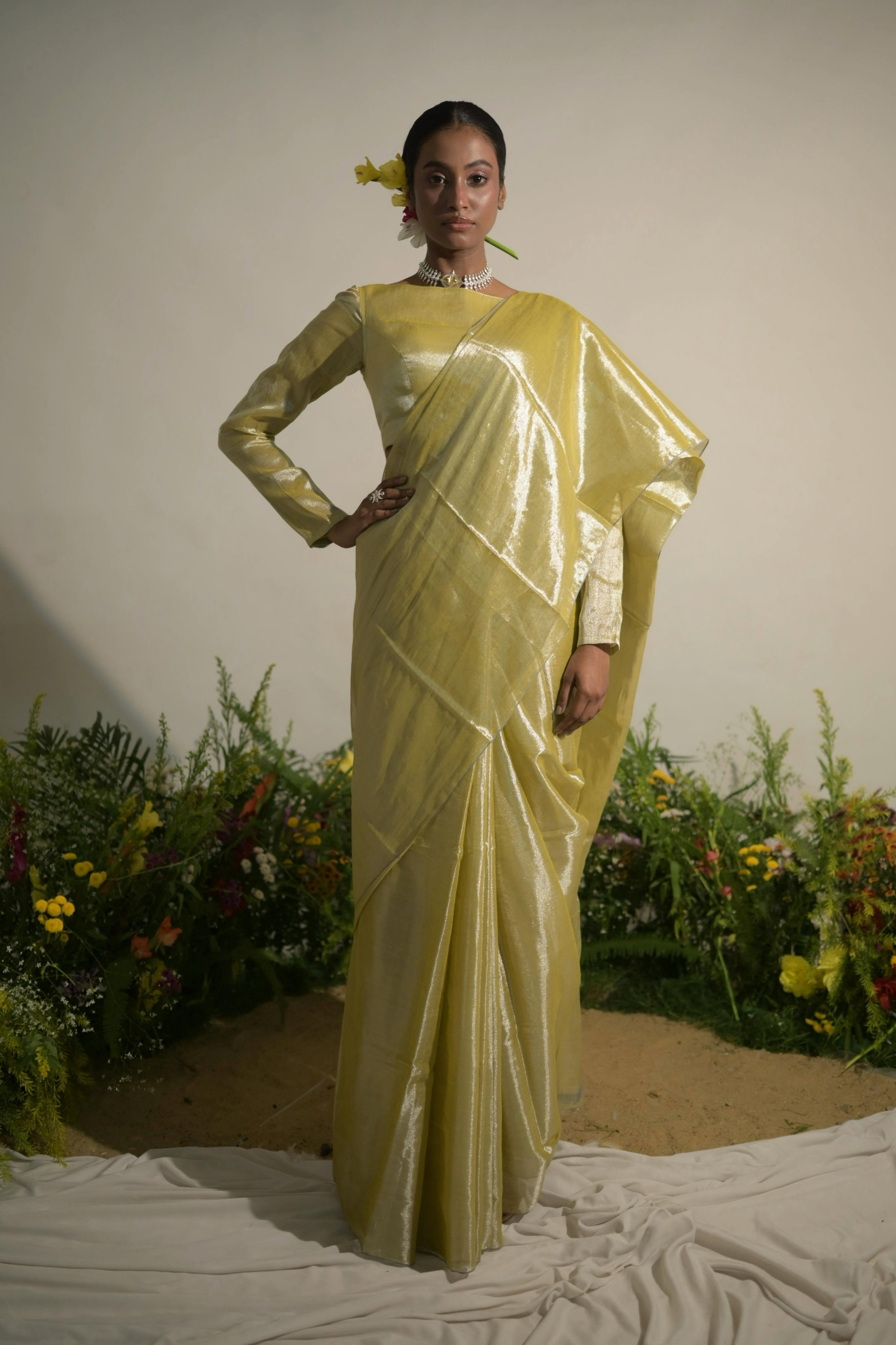 Buttercup Spice I Neon Olive Tissue Saree