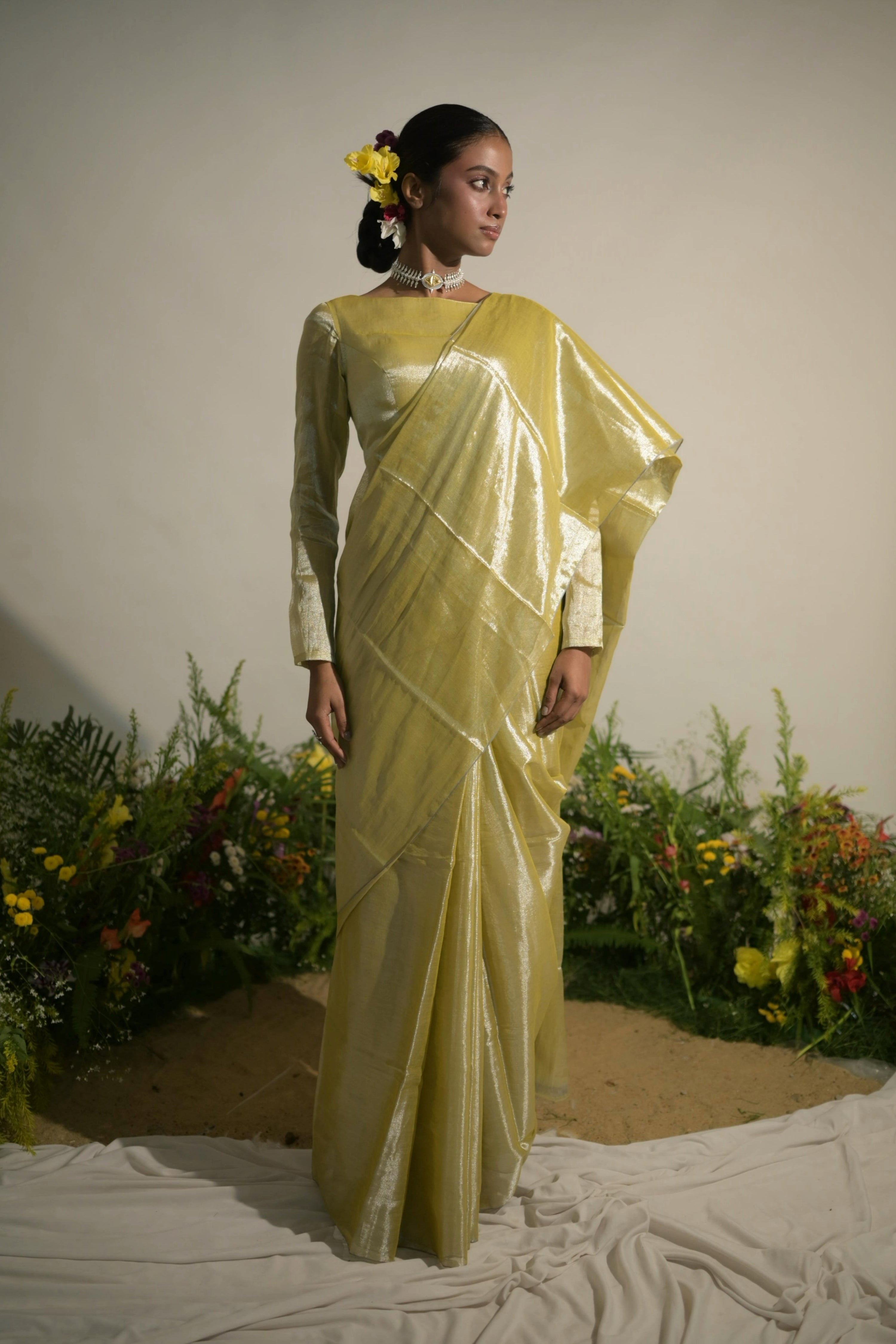 Buttercup Spice I Neon Olive Tissue Saree