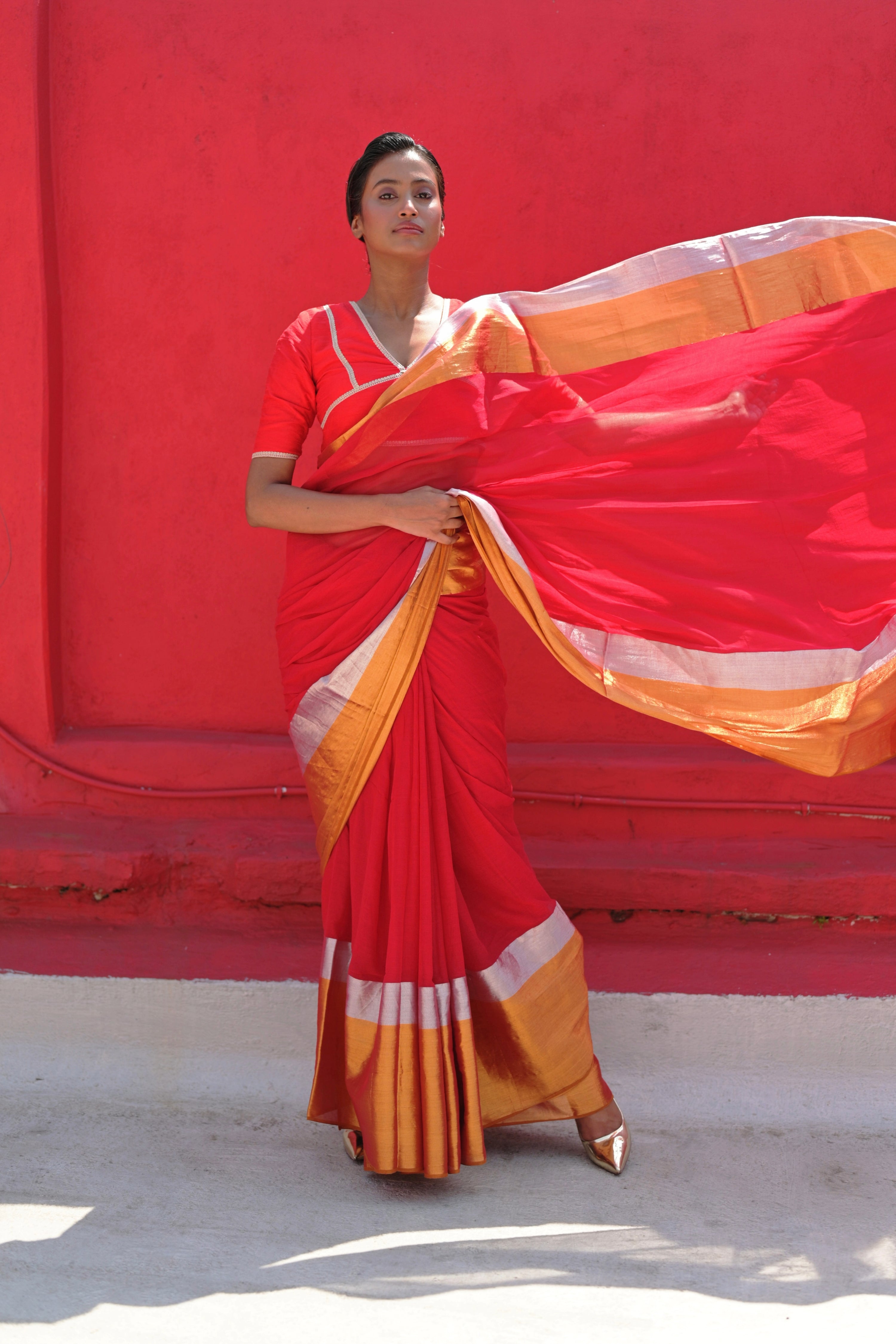 Angana I Red Handloom Cotton Saree With Silver and Golden Border