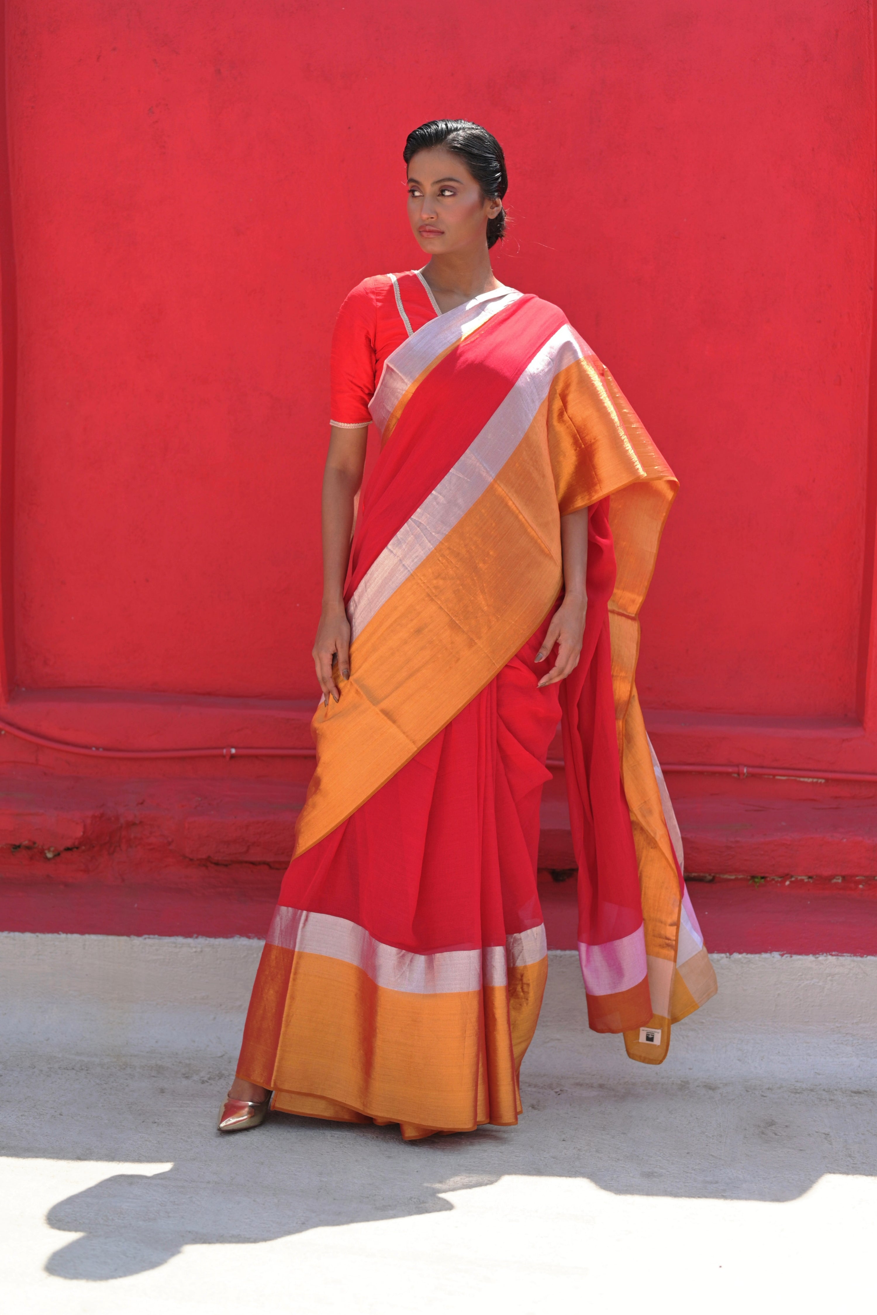 Angana I Red Handloom Cotton Saree With Silver and Golden Border