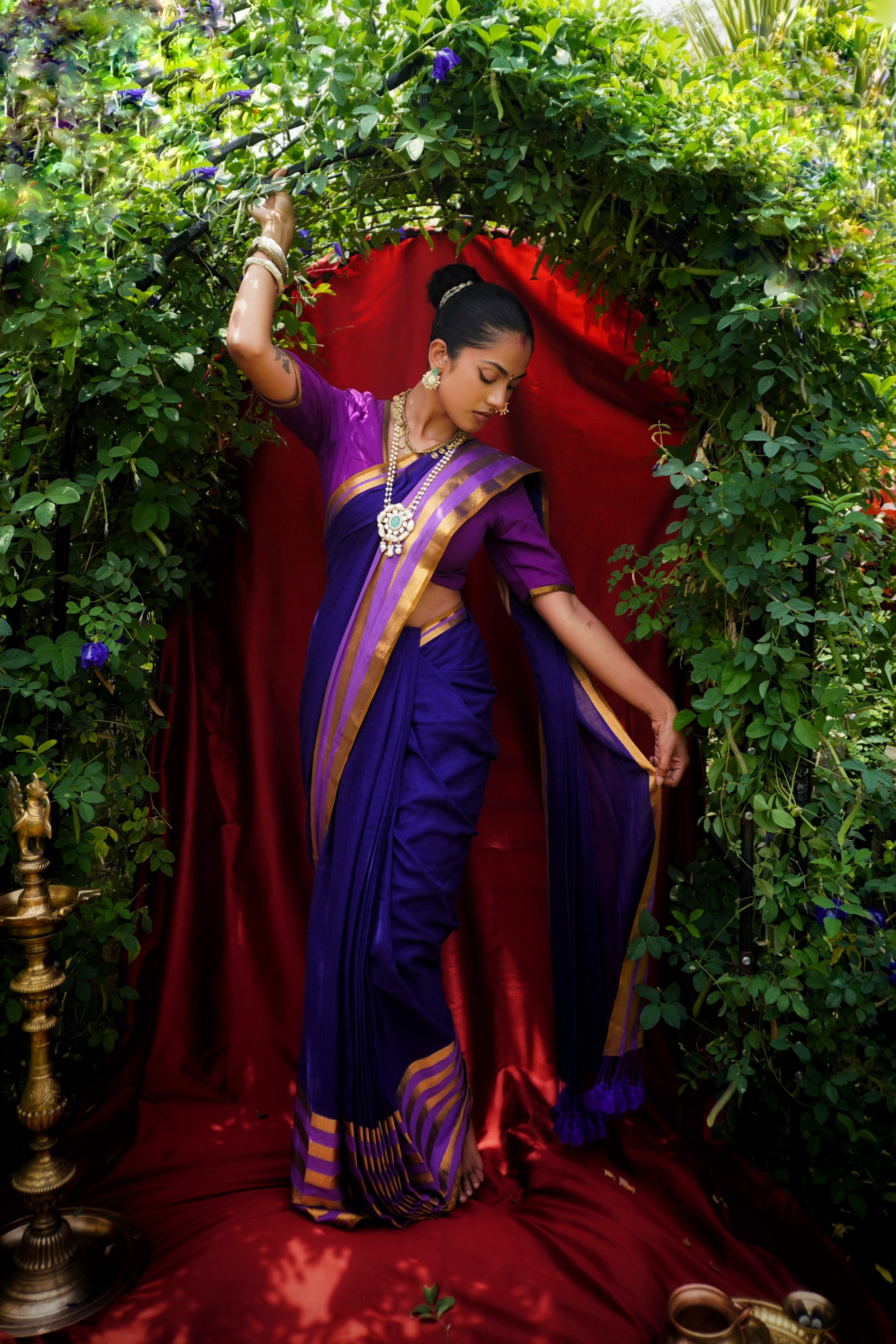 Handwoven Blue Cotton Saree with Striped Border along with Ready to Wear Purple Blouse Combo (Kanakavali & Kairali)