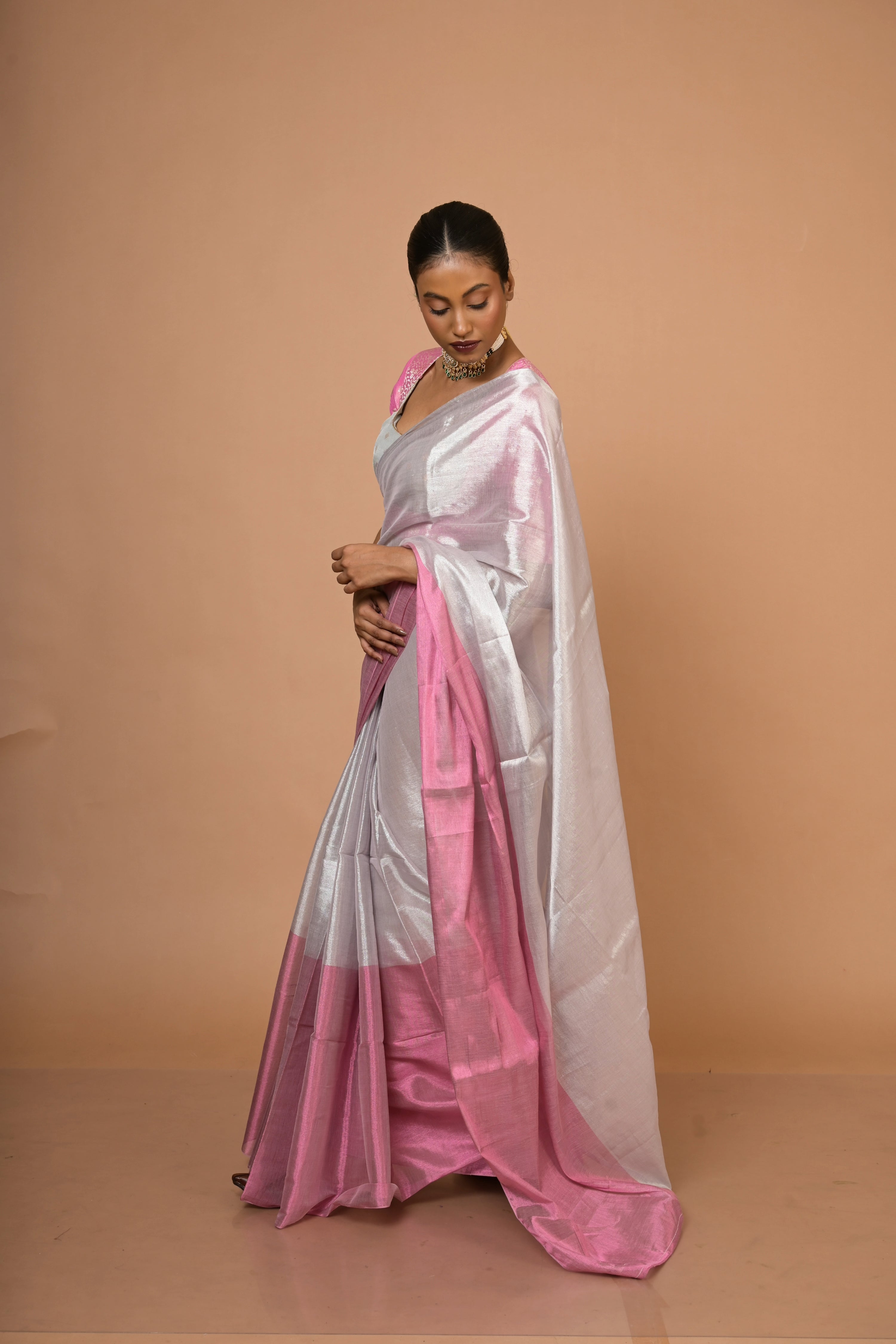 Sugandha I Silver and Pink Handloom Tissue Saree