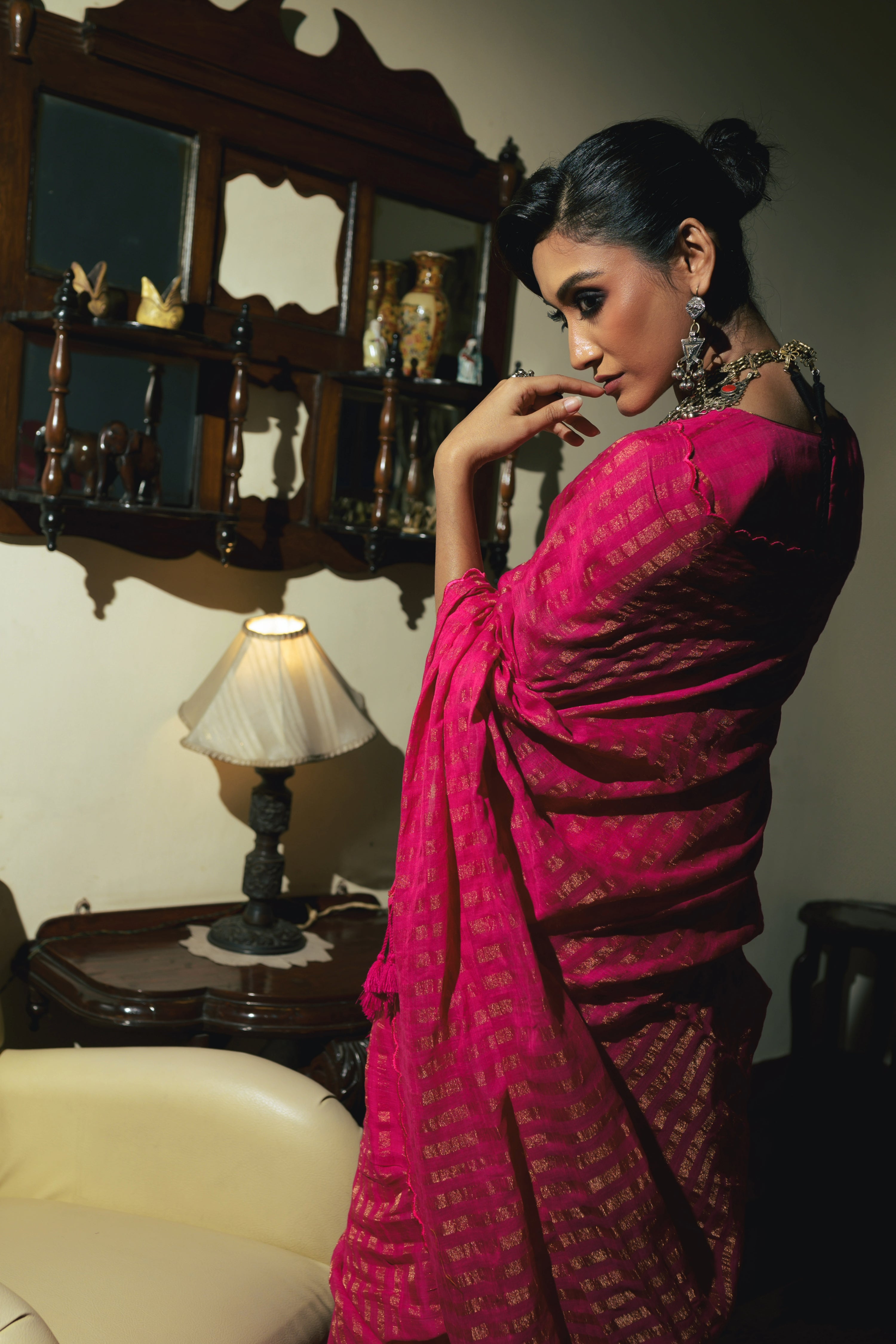 Twin Realm I Pink Handloom Cotton Saree with Zari Stripes and Scalloped Border