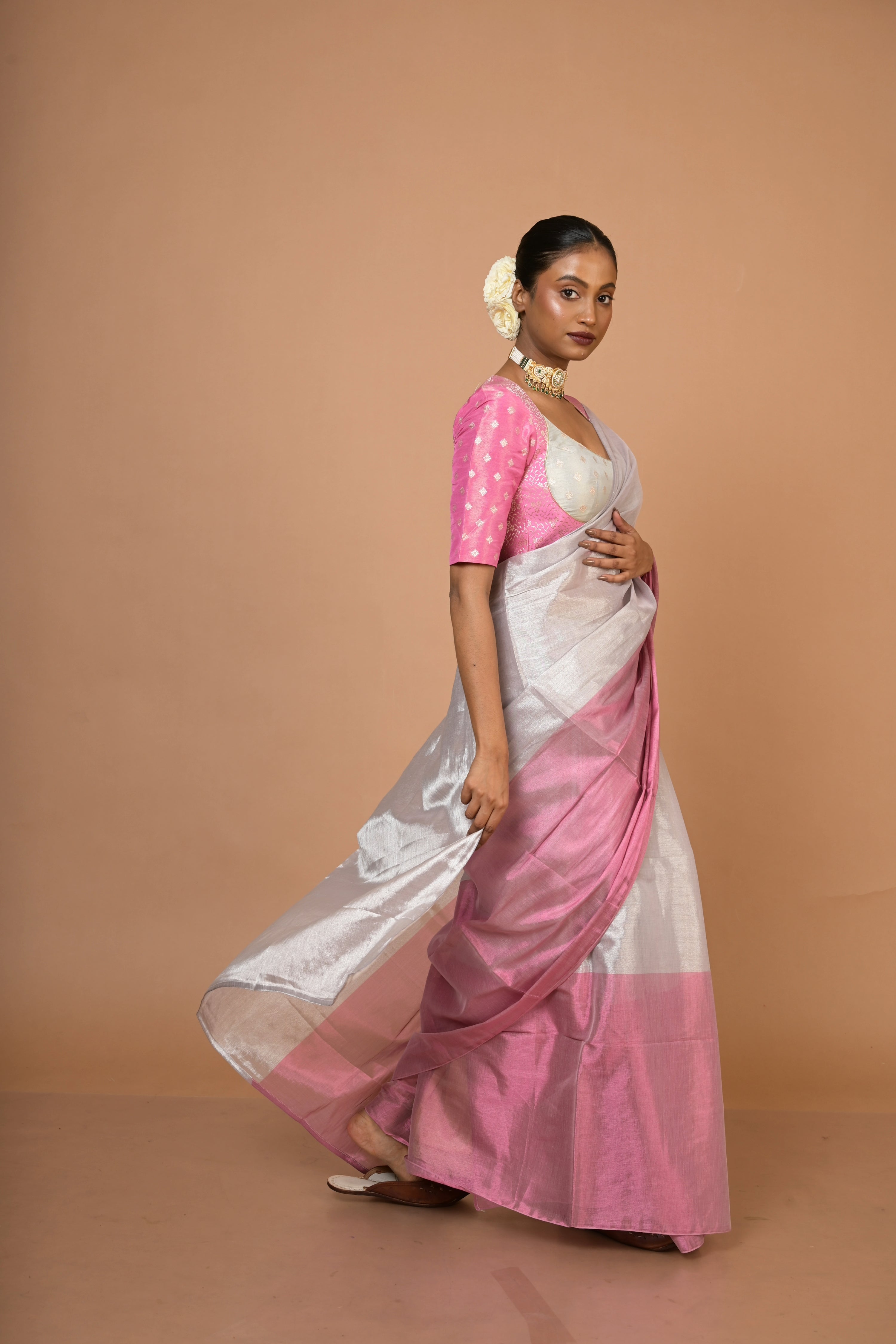 Silver and Pink Handloom Tissue Saree with Ready to Wear White and Pink Brocade Blouse Combo(Sugandha+Chandrika)