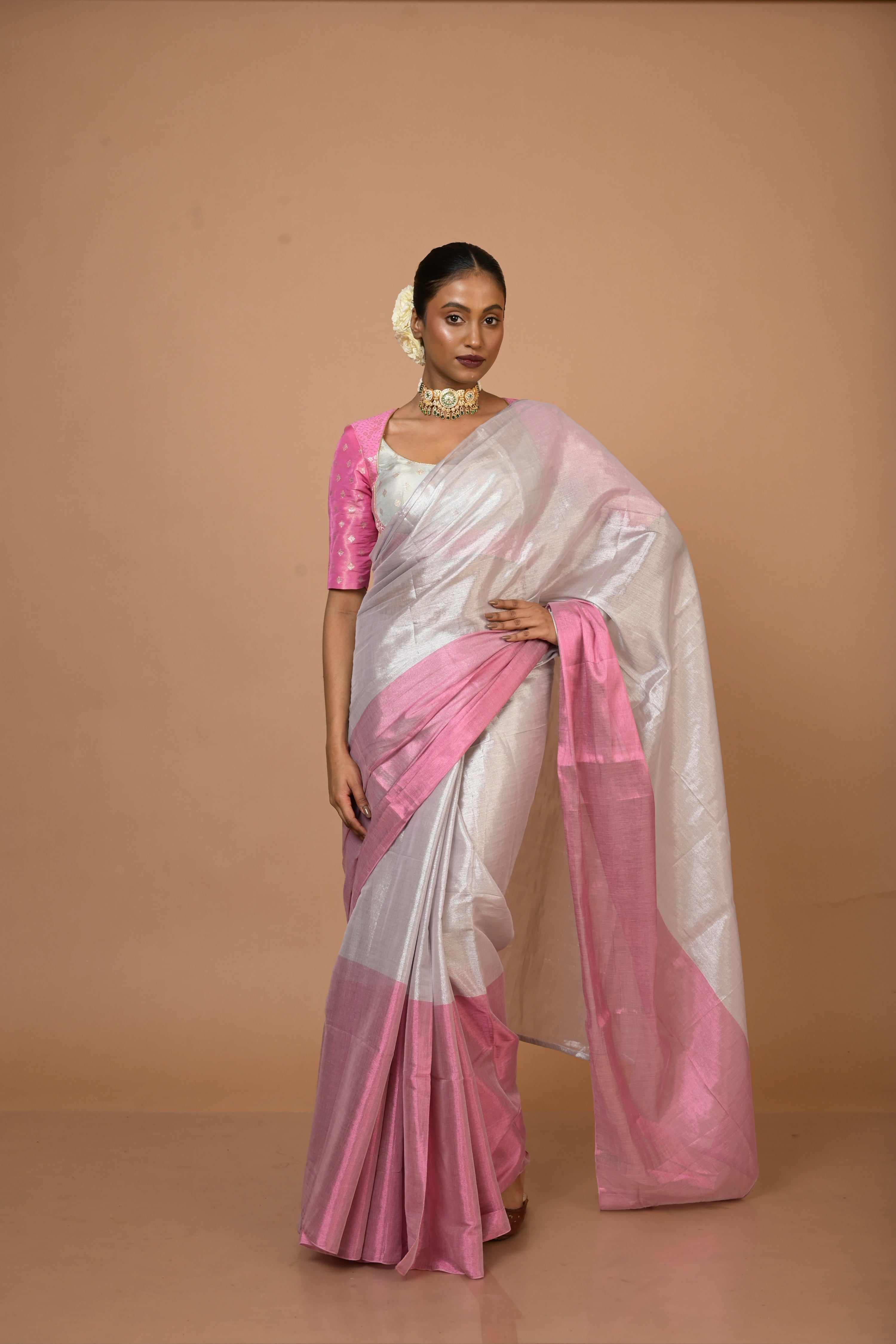 Silver and Pink Handloom Tissue Saree with Ready to Wear White and Pink Brocade Blouse Combo(Sugandha+Chandrika)