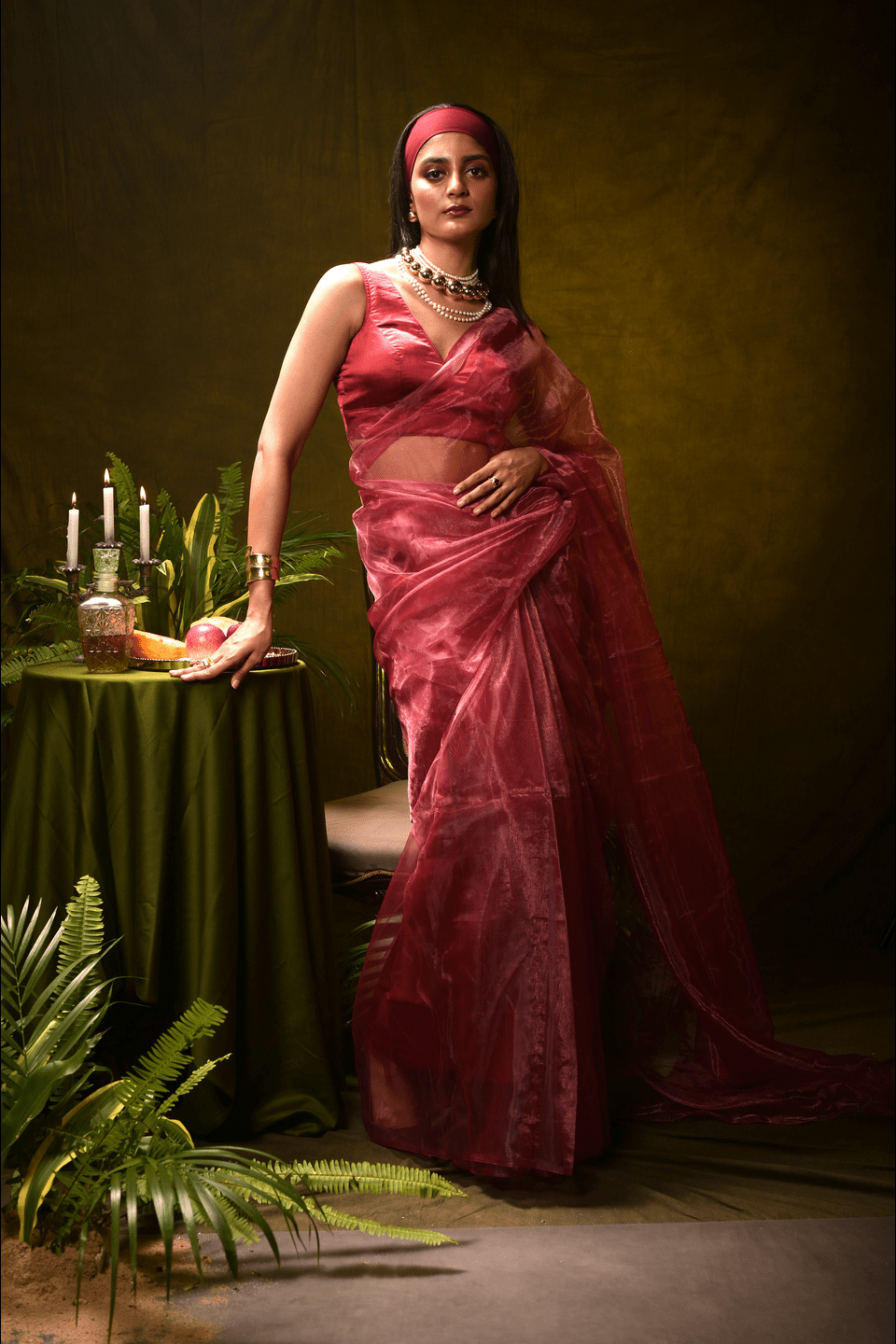 Rosé Wine I Magenta Pink Organza Tissue Saree