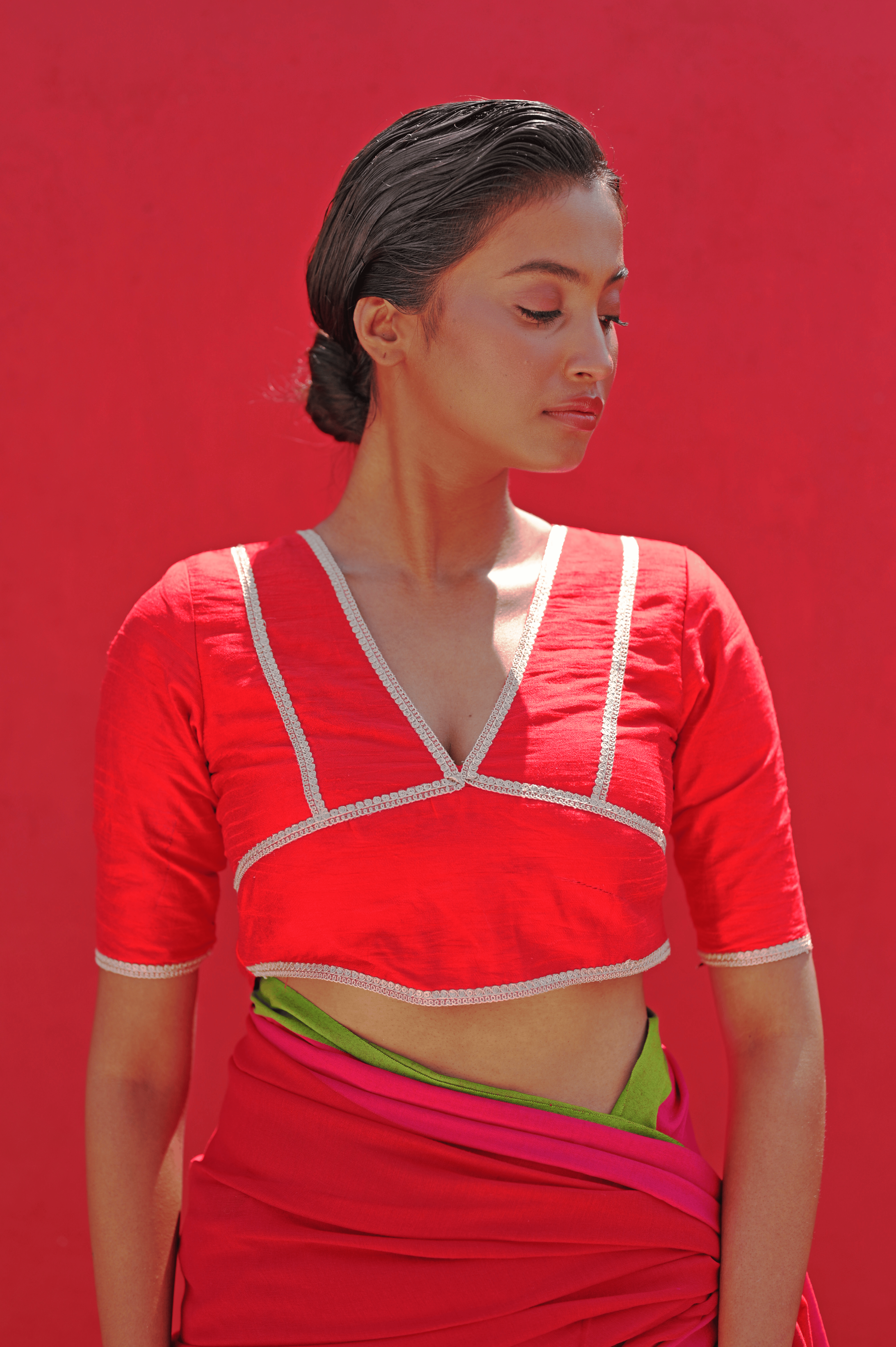 Handwoven Red Cotton Saree with Silver and Golden Border along with Ready to Wear Red Cotton Silk Blouse Combo (Angana & Agnita)