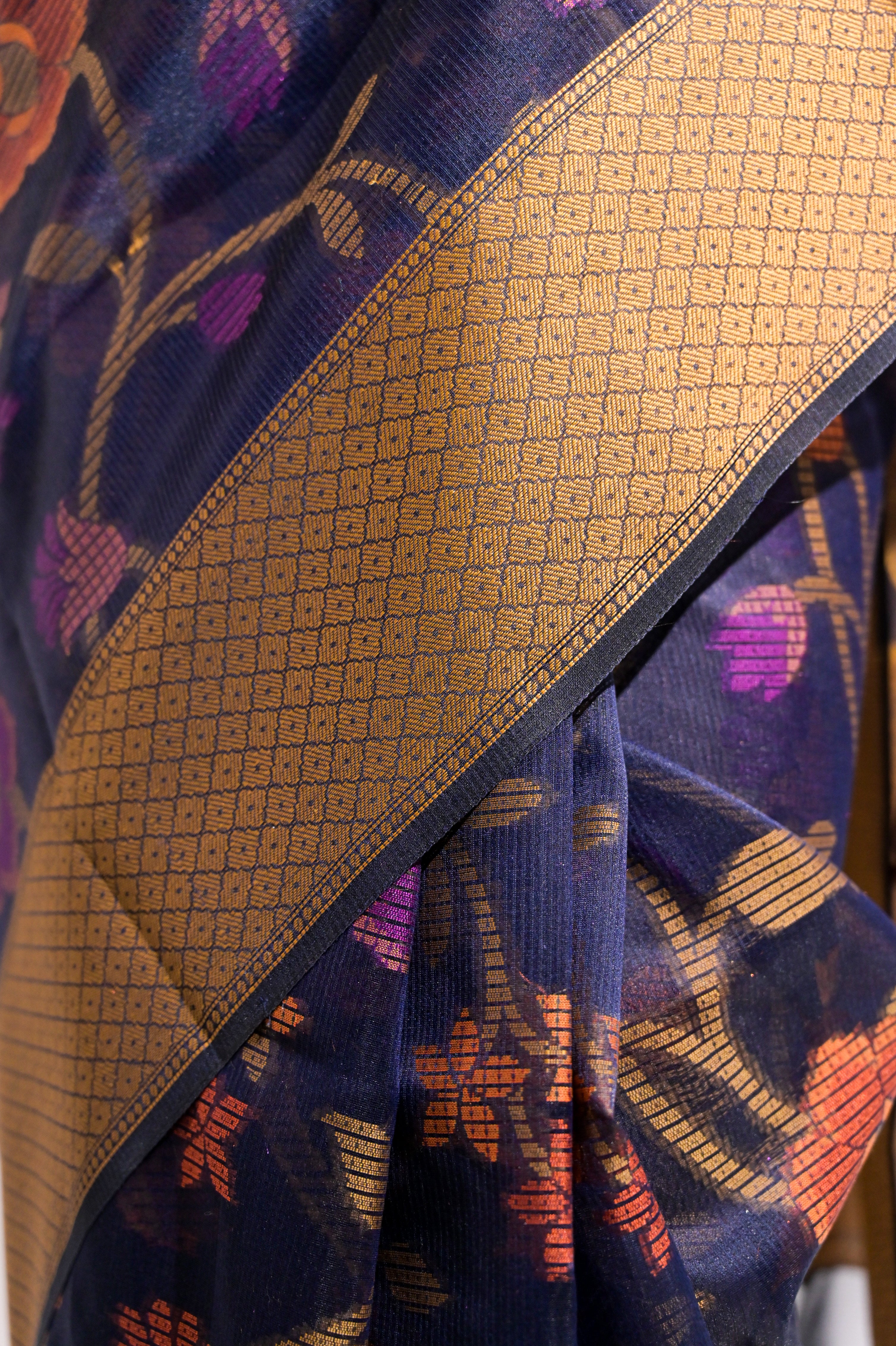 Avanya I Blue Handloom Cotton Saree with Multicolour Floral Jaal Motifs