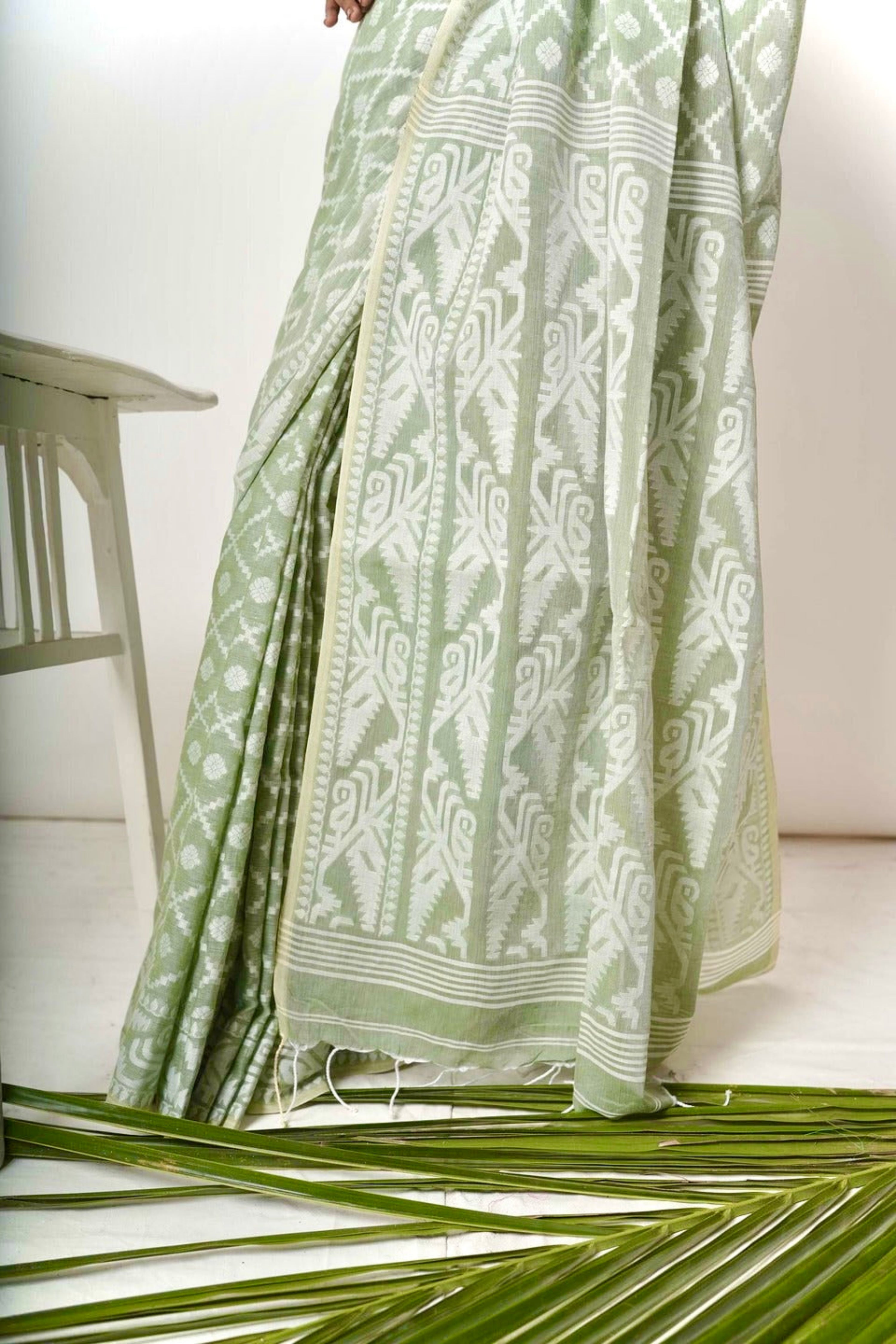 Mistfall I Sage Green Cotton Saree with White Jacquard