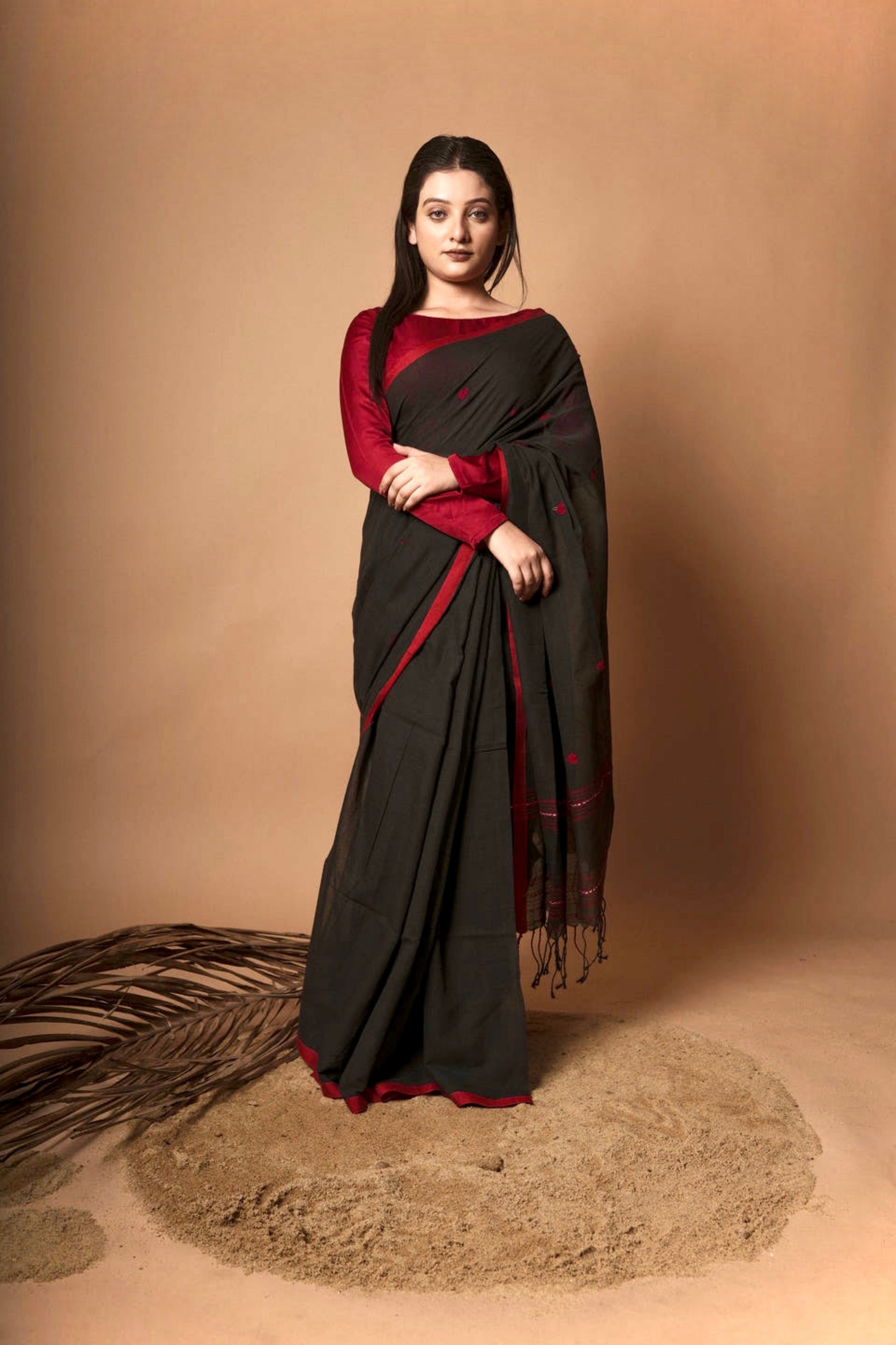 Nocturne I  Black cotton saree with red heart motifs