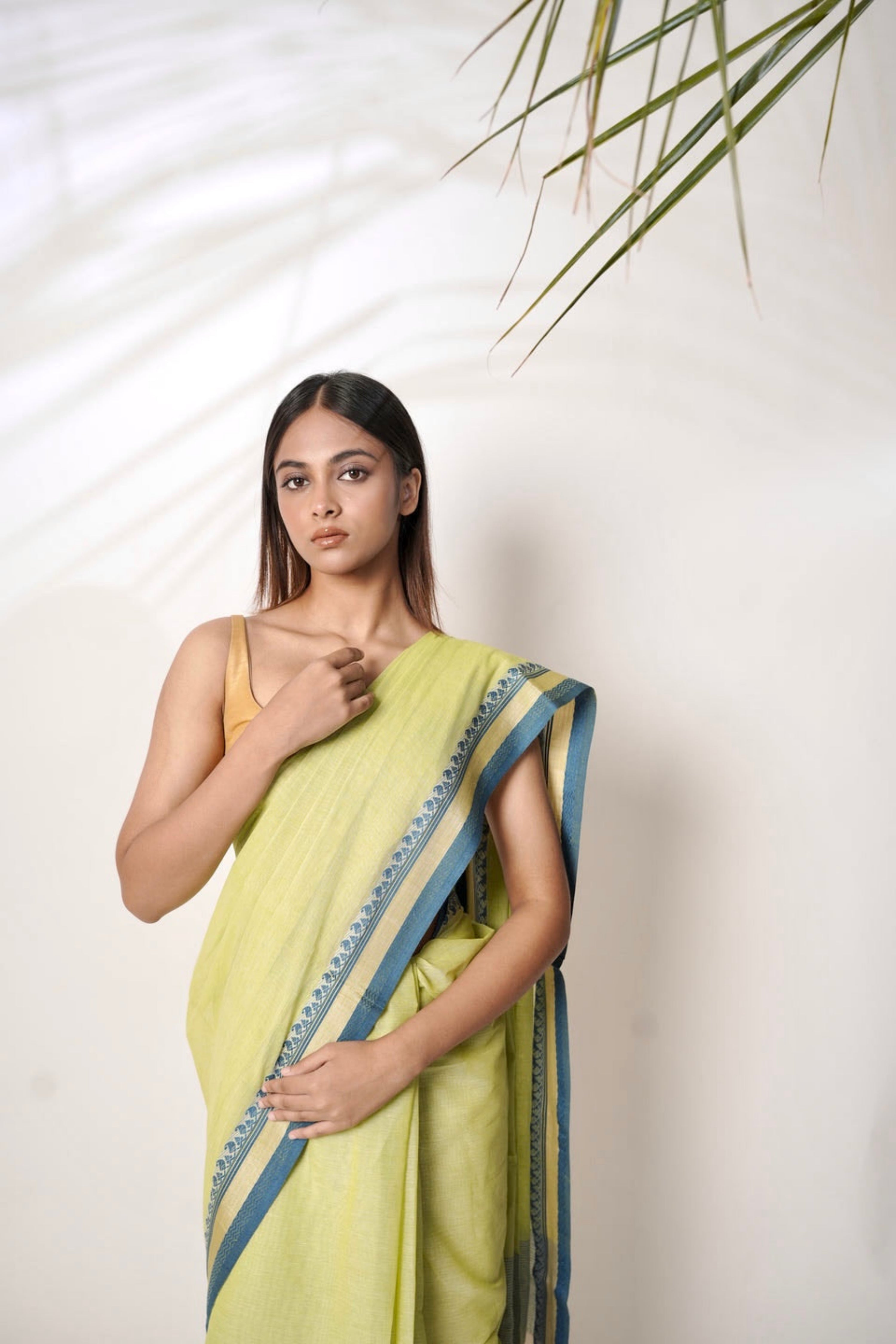 Viridian I Green Cotton Saree with  Blue  Border