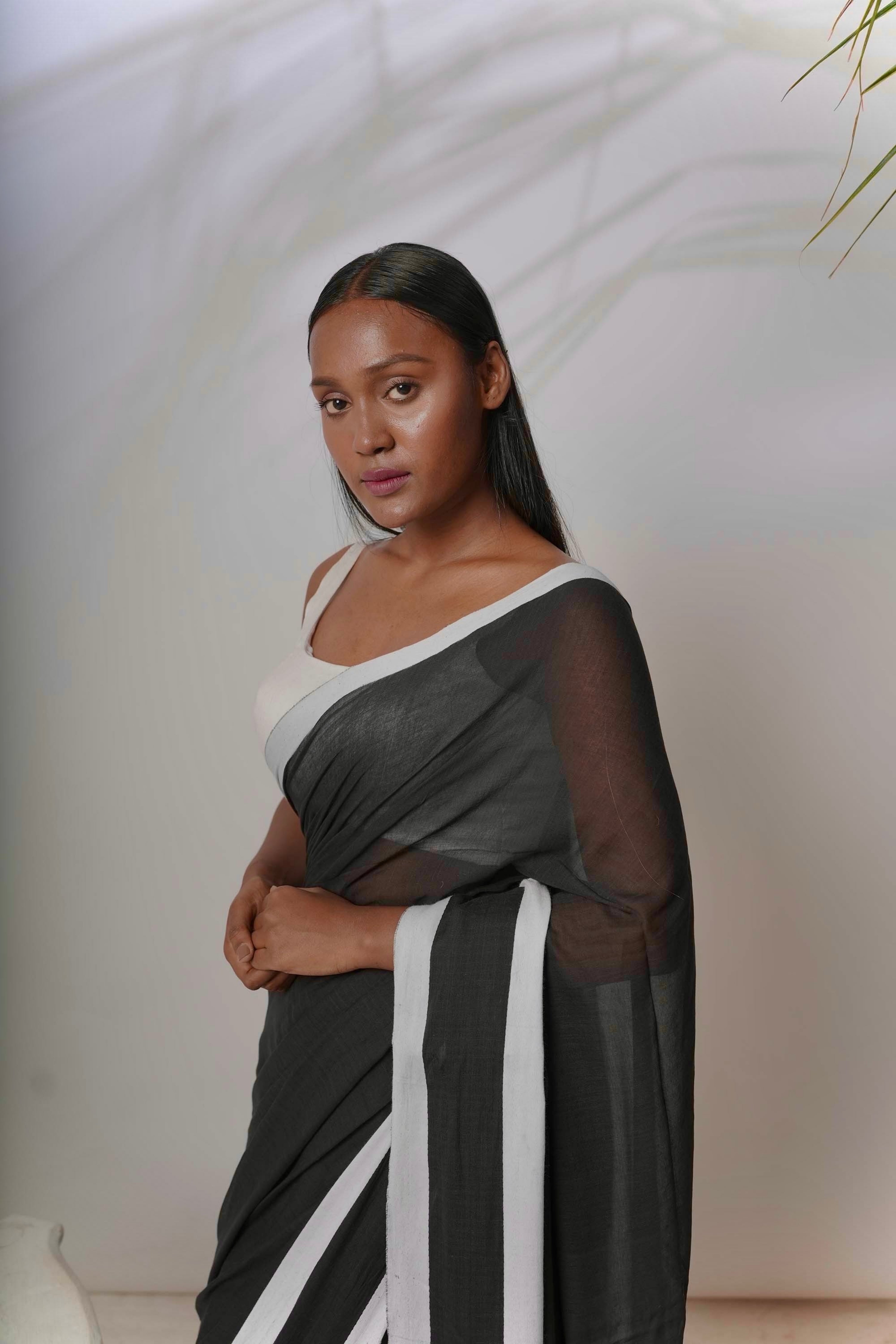 Enigma I Black cotton handloom saree with white  border