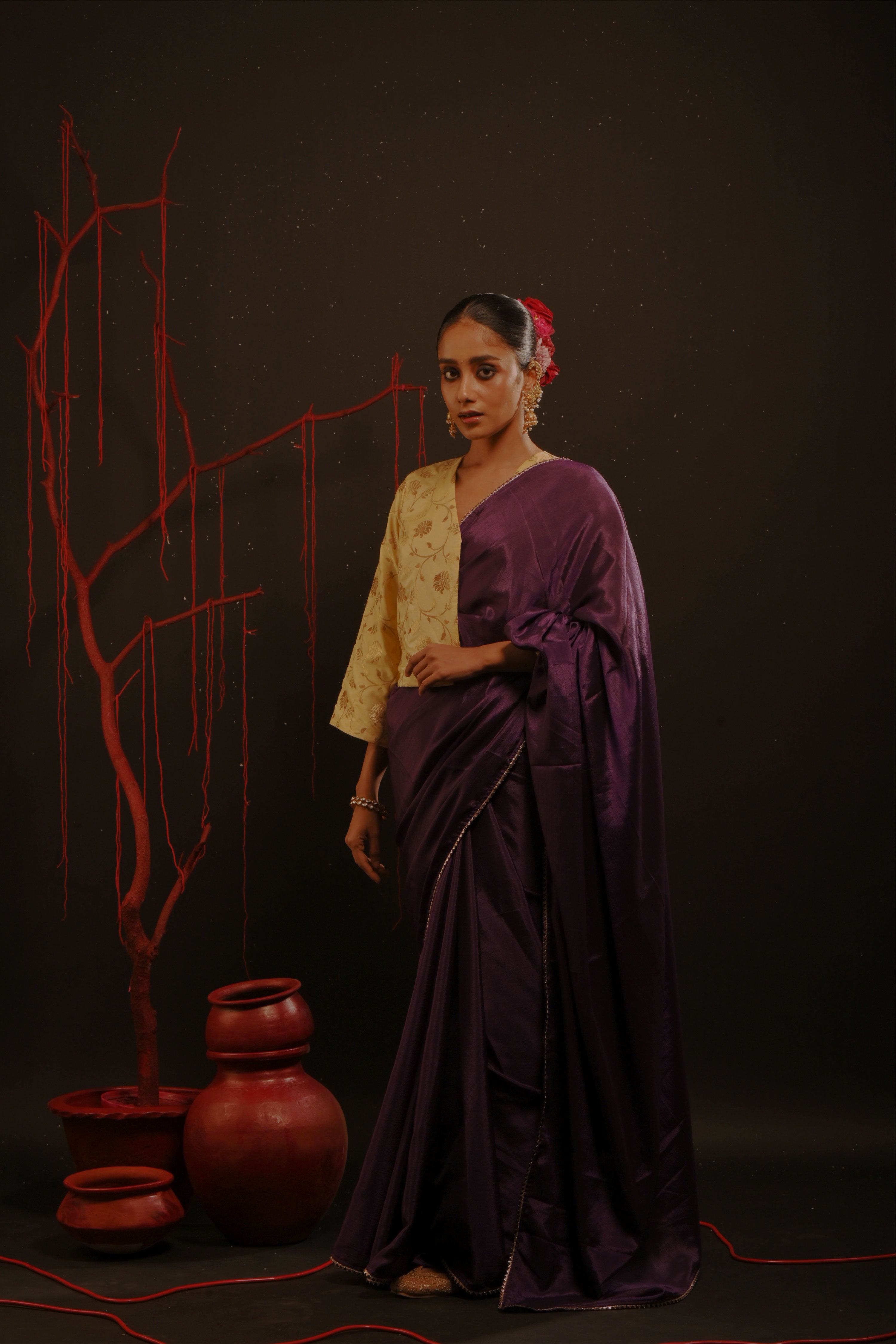 Taaranya I Purple chinon saree paired with purple chinon blouse and brocade jacket