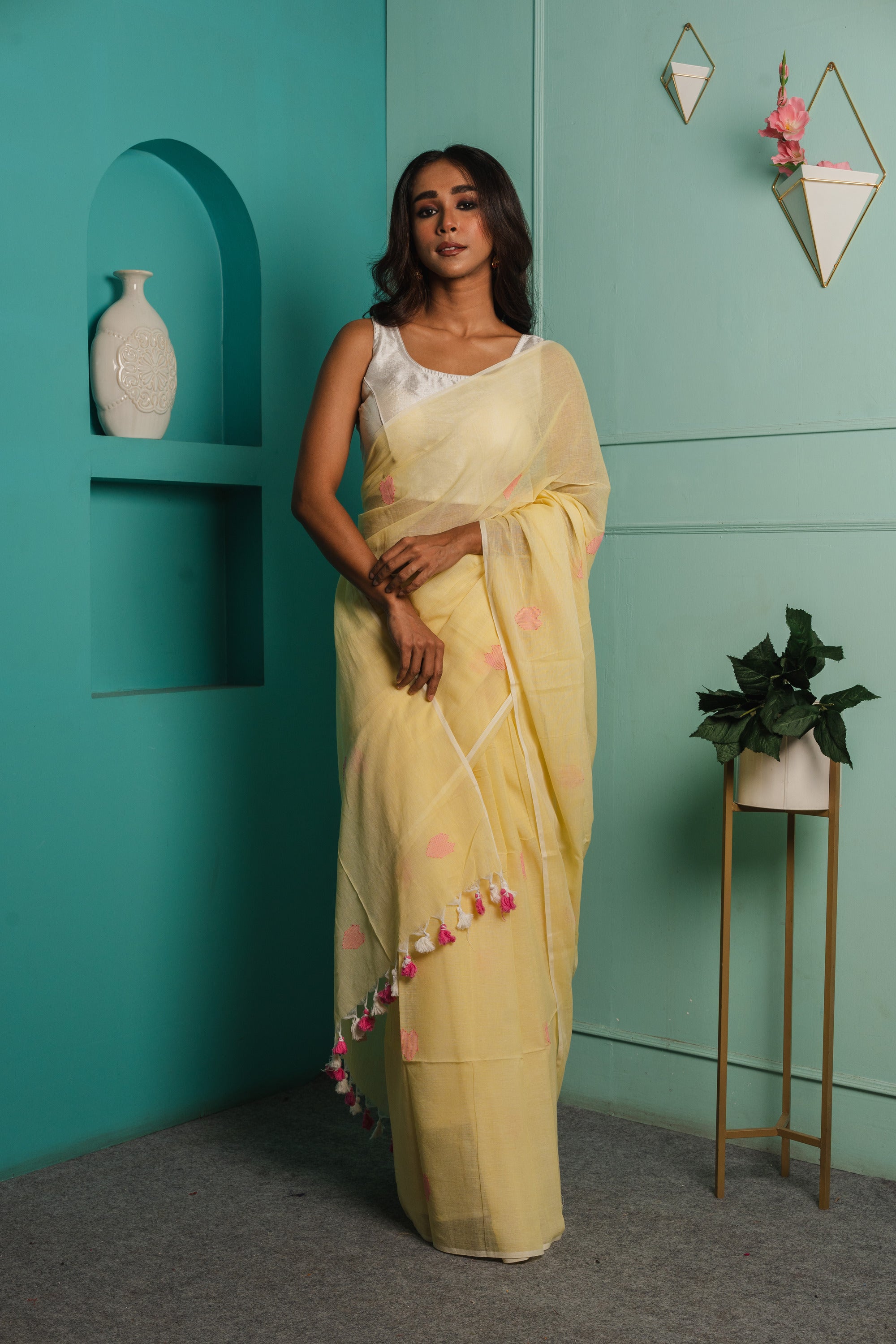 Busy Lizzie I Yellow Cotton Saree