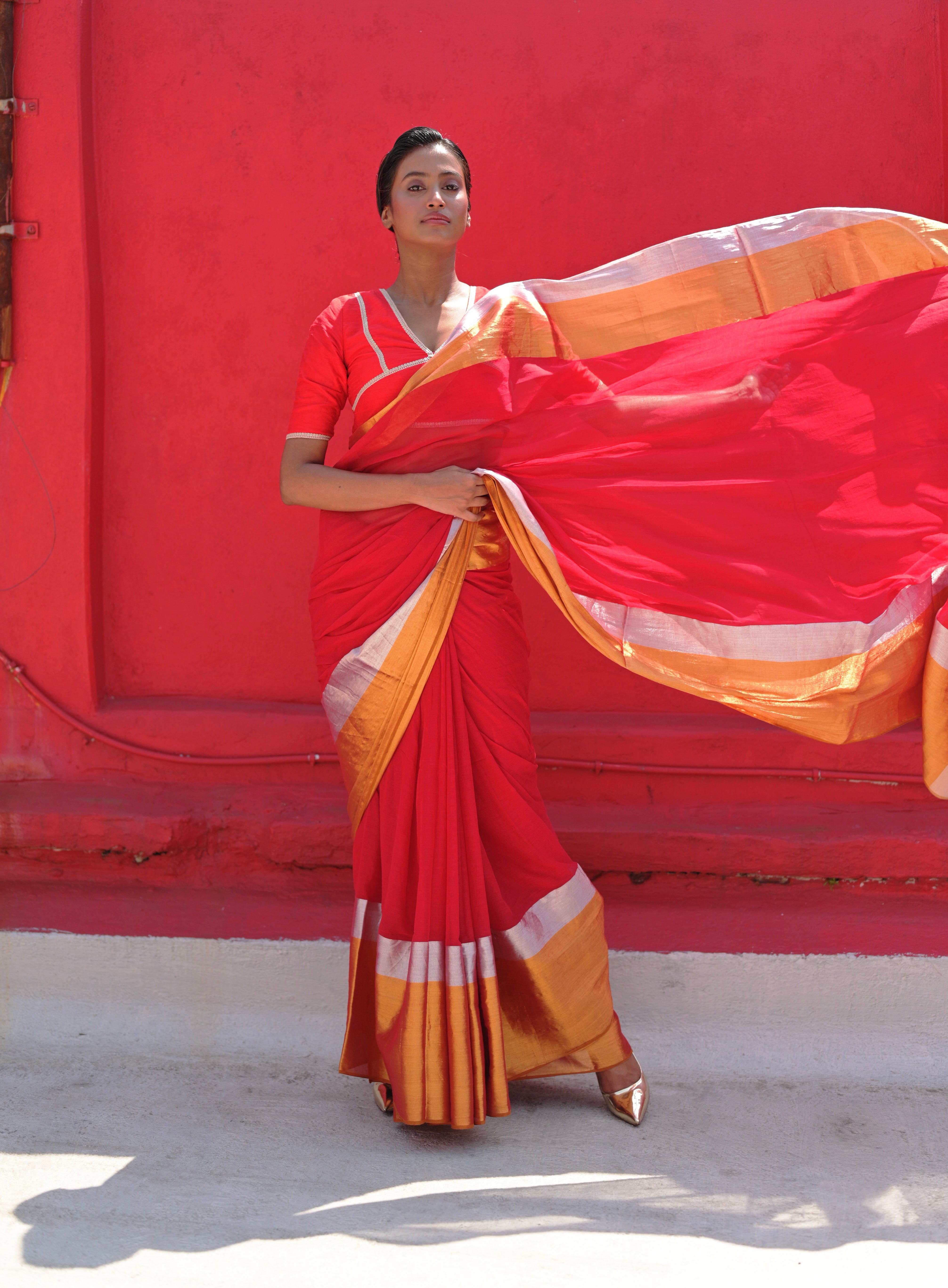 Angana I Red Handloom Cotton Saree With Silver and Golden Border